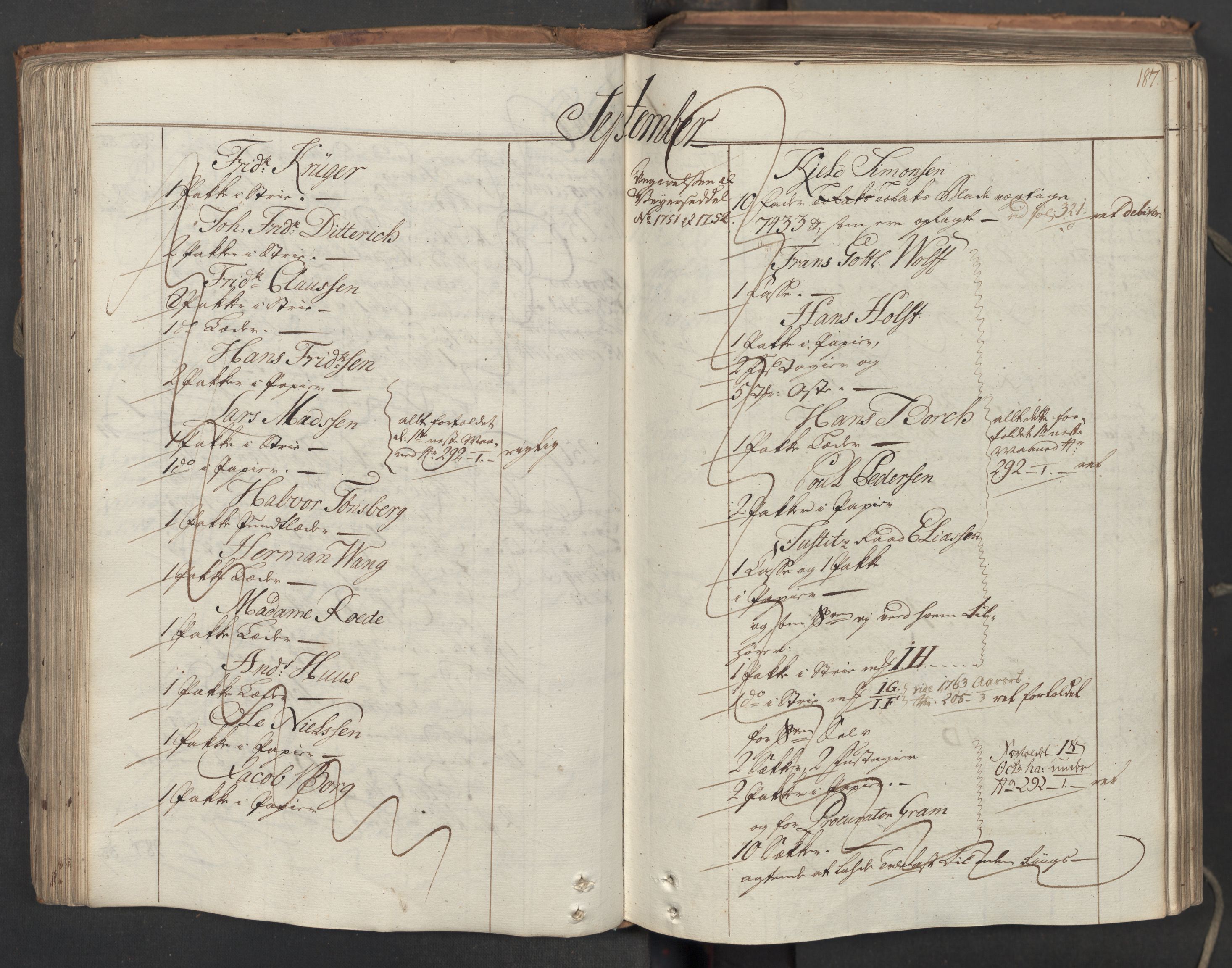 Generaltollkammeret, tollregnskaper, AV/RA-EA-5490/R06/L0062/0001: Tollregnskaper Kristiania / Inngående hovedtollbok, 1762, s. 186b-187a