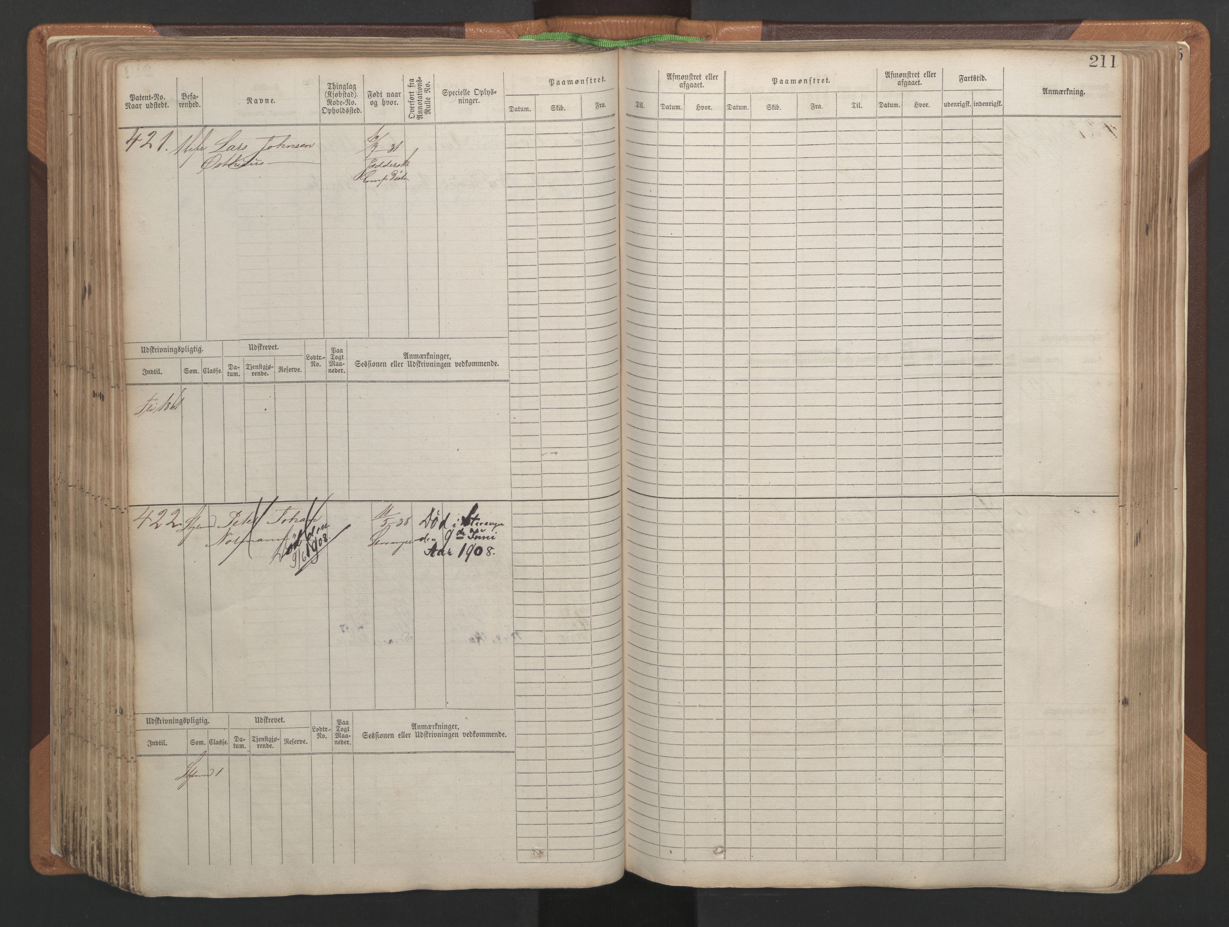 Stavanger sjømannskontor, AV/SAST-A-102006/F/Fb/Fbb/L0004: Sjøfartshovedrulle, patentnr. 1-792 (del 1), 1869-1880, s. 215