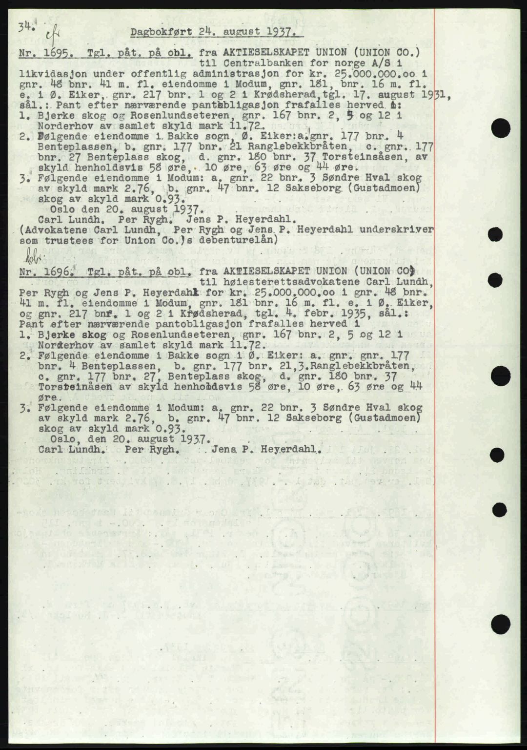 Eiker, Modum og Sigdal sorenskriveri, SAKO/A-123/G/Ga/Gab/L0036: Pantebok nr. A6, 1937-1937, Dagboknr: 1695/1937