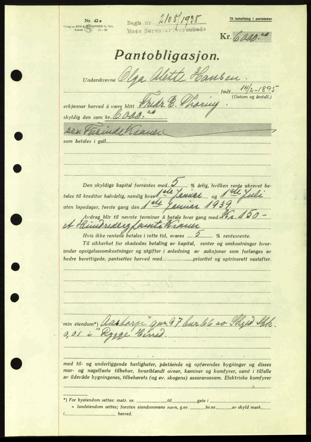 Moss sorenskriveri, SAO/A-10168: Pantebok nr. B6, 1938-1938, Dagboknr: 2108/1938