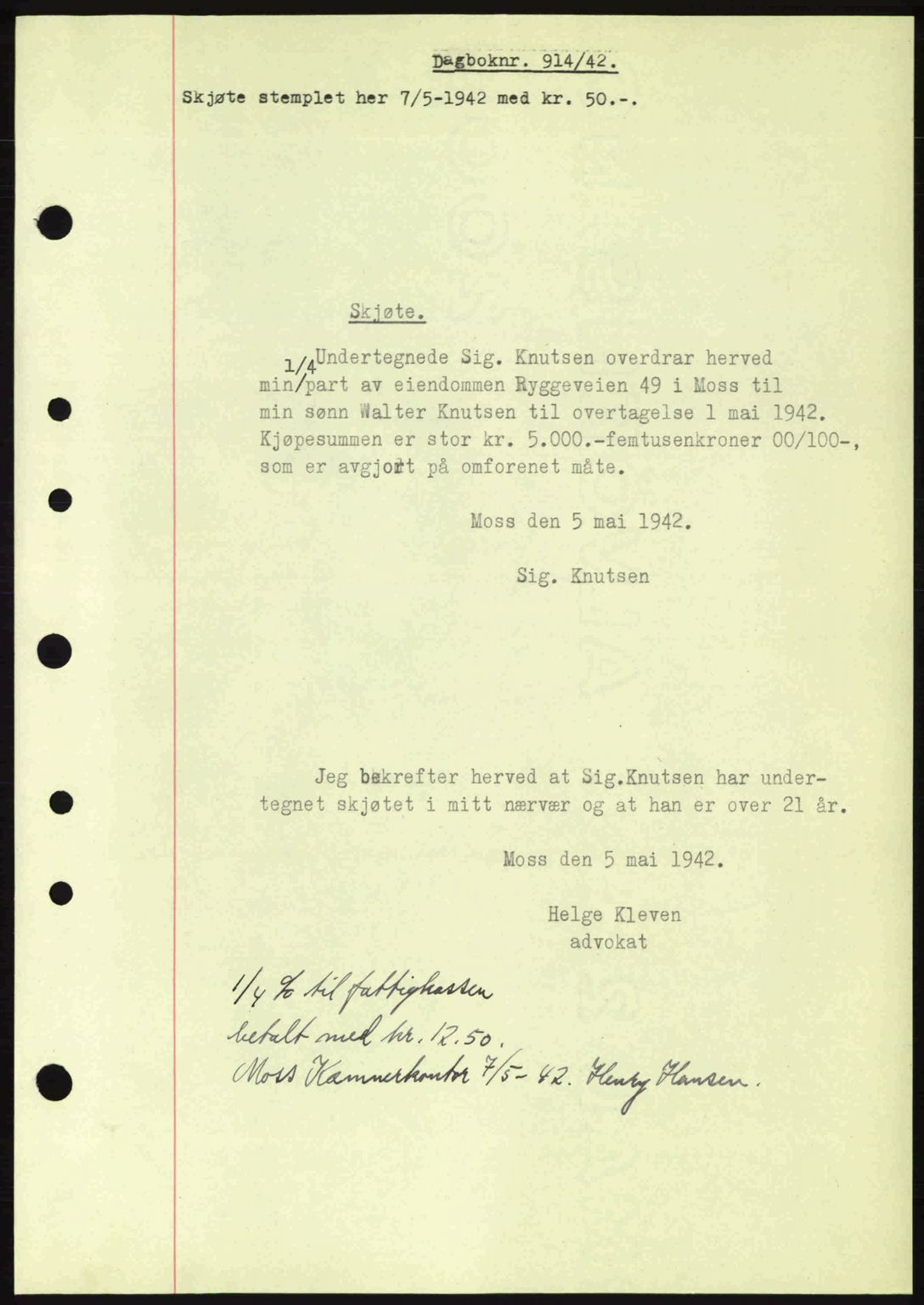 Moss sorenskriveri, SAO/A-10168: Pantebok nr. A9, 1941-1942, Dagboknr: 914/1942