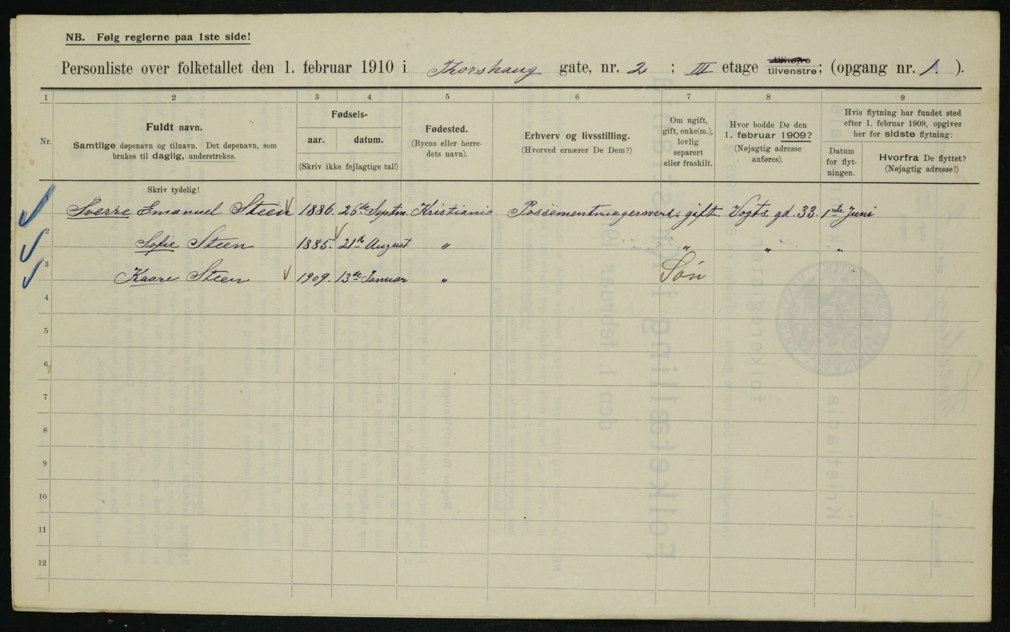 OBA, Kommunal folketelling 1.2.1910 for Kristiania, 1910, s. 108613