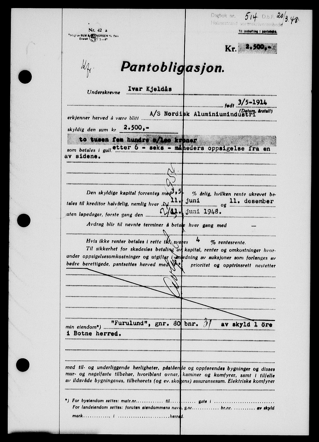 Holmestrand sorenskriveri, SAKO/A-67/G/Ga/Gab/L0058: Pantebok nr. B-58, 1947-1948, Dagboknr: 514/1948