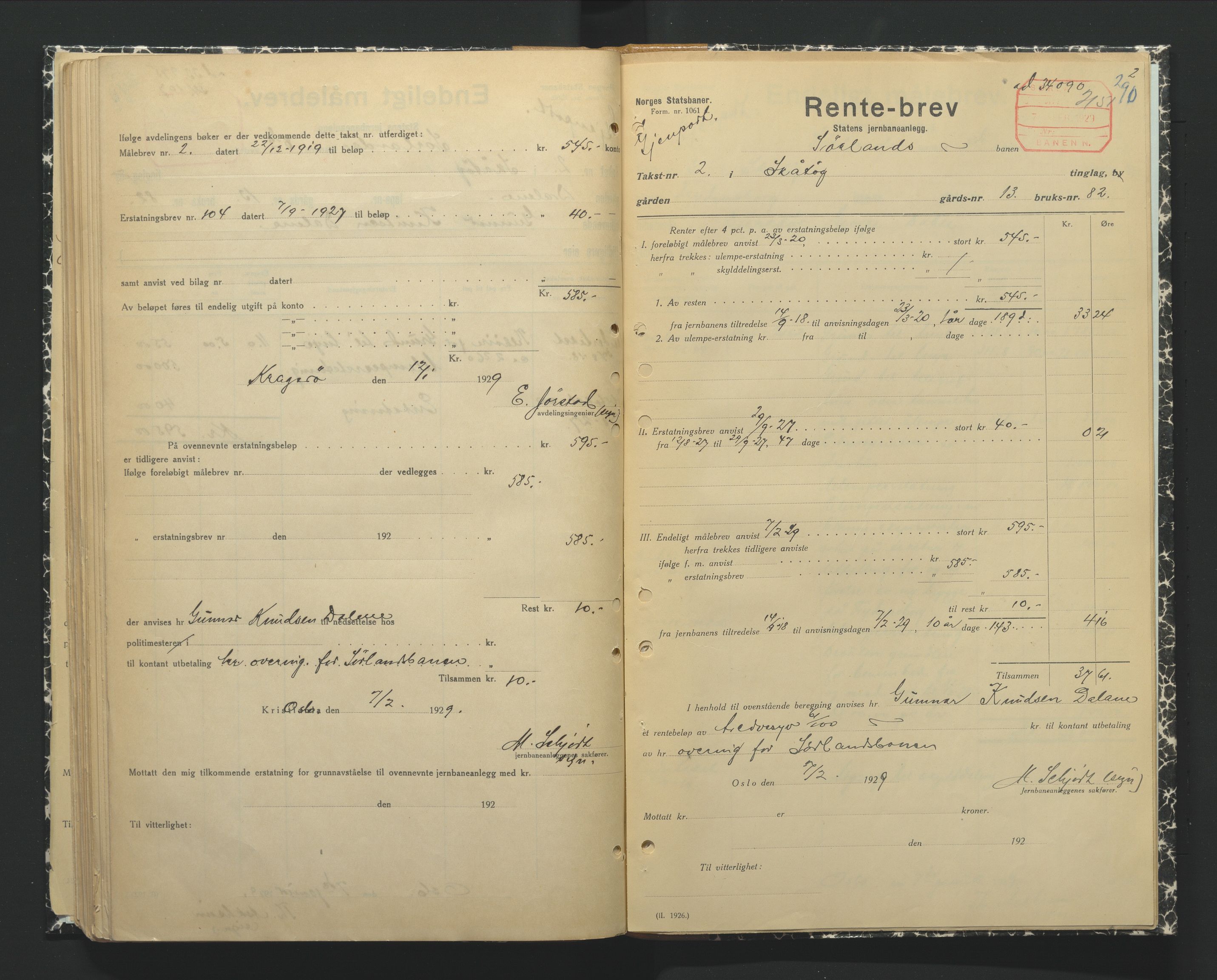 NSB Baneavdelingen, AV/SAK-1821-0004/F/Fc/Fch/L0249/0002: Grunnerstatninger, målebrev / Endelige måle- og rentebrev for Kragerølinja, 1928-1930