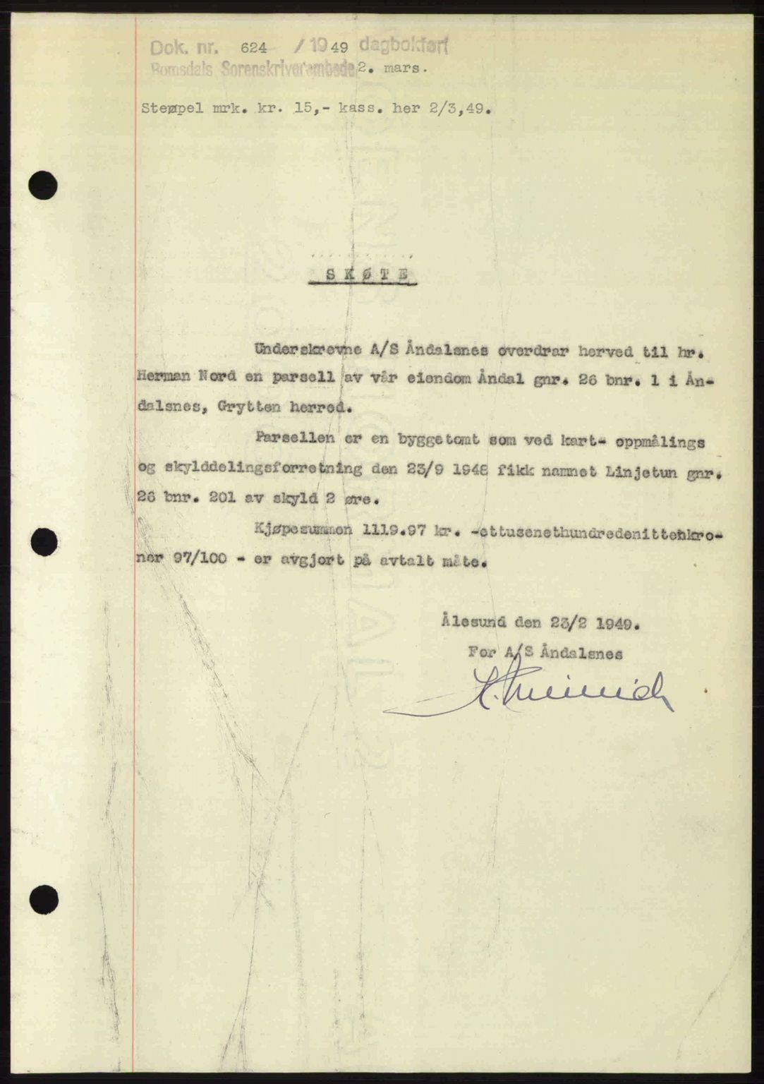 Romsdal sorenskriveri, AV/SAT-A-4149/1/2/2C: Pantebok nr. A29, 1949-1949, Dagboknr: 624/1949