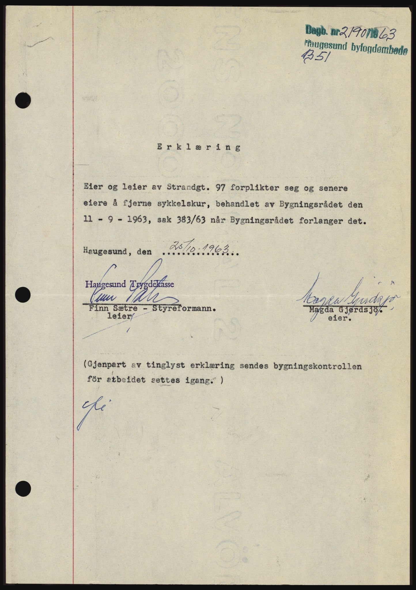 Haugesund tingrett, SAST/A-101415/01/II/IIC/L0051: Pantebok nr. B 51, 1963-1964, Dagboknr: 2190/1963