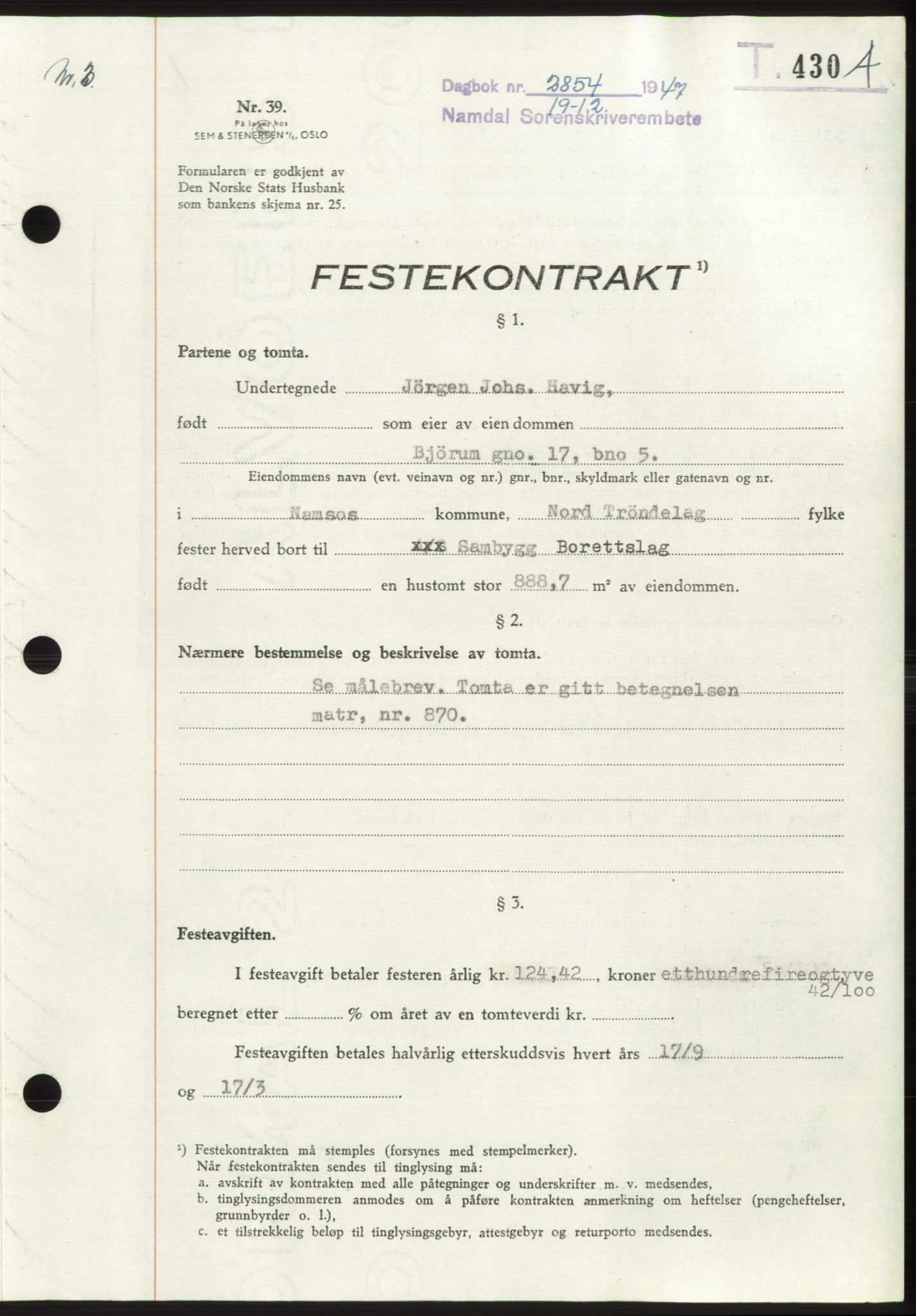 Namdal sorenskriveri, SAT/A-4133/1/2/2C: Pantebok nr. -, 1947-1948, Dagboknr: 2854/1947
