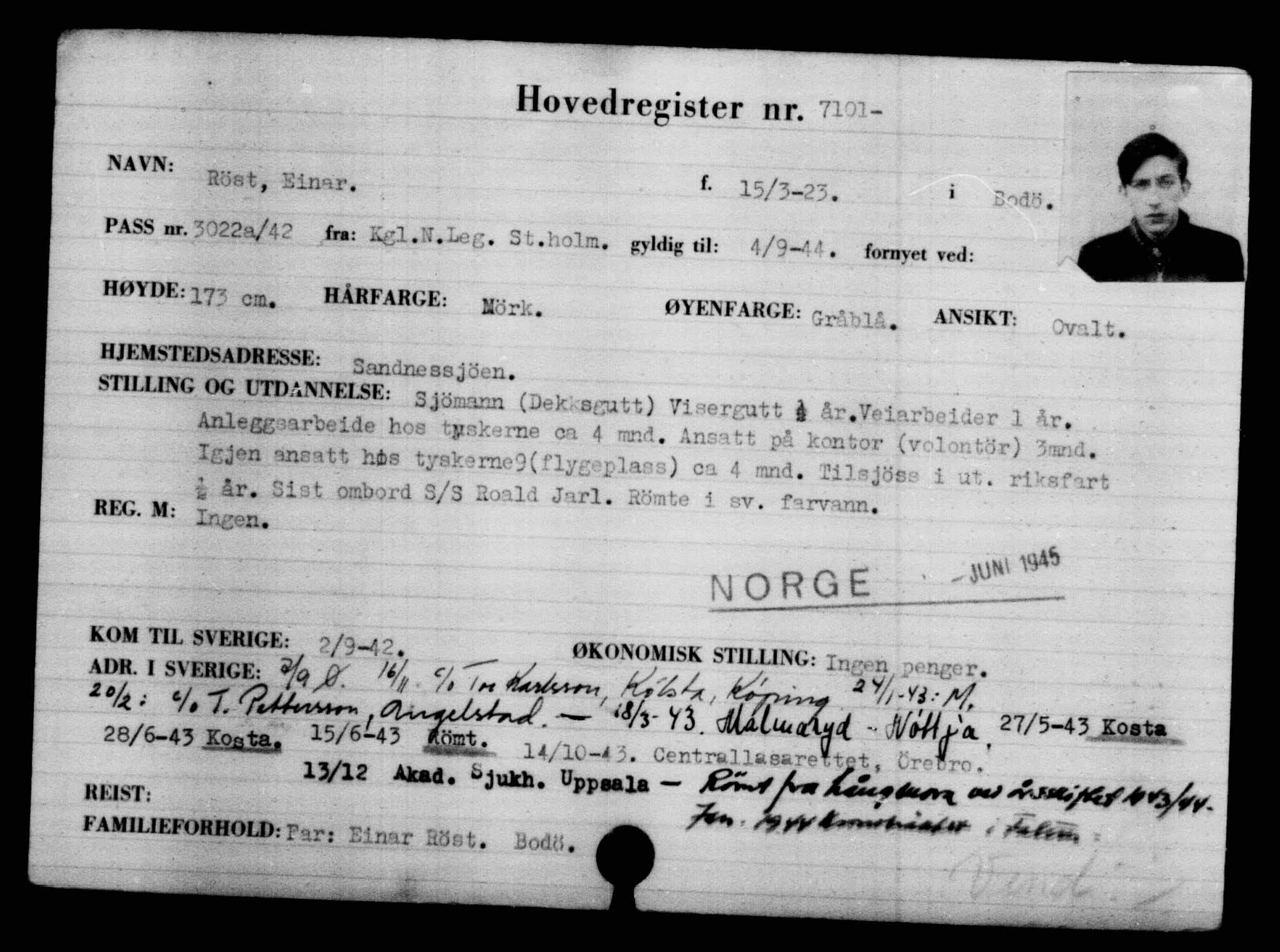 Utenriksstasjonene, Legasjonen i Stockholm, Flyktningkontoret, AV/RA-S-6753/V/Va/L0005: Kjesäterkartoteket, flyktning nr. 6600-9417, 1940-1945, s. 604