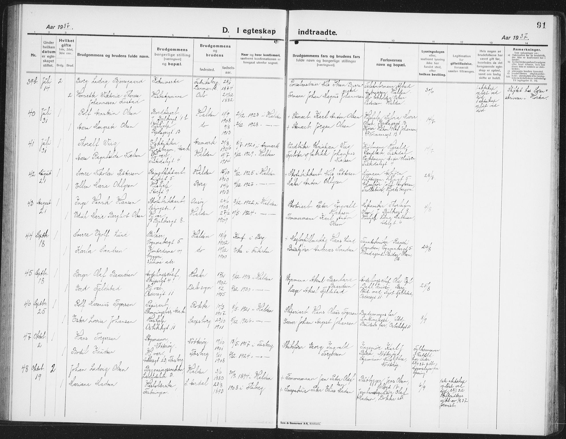 Halden prestekontor Kirkebøker, SAO/A-10909/G/Ga/L0014: Klokkerbok nr. 14, 1925-1943, s. 91