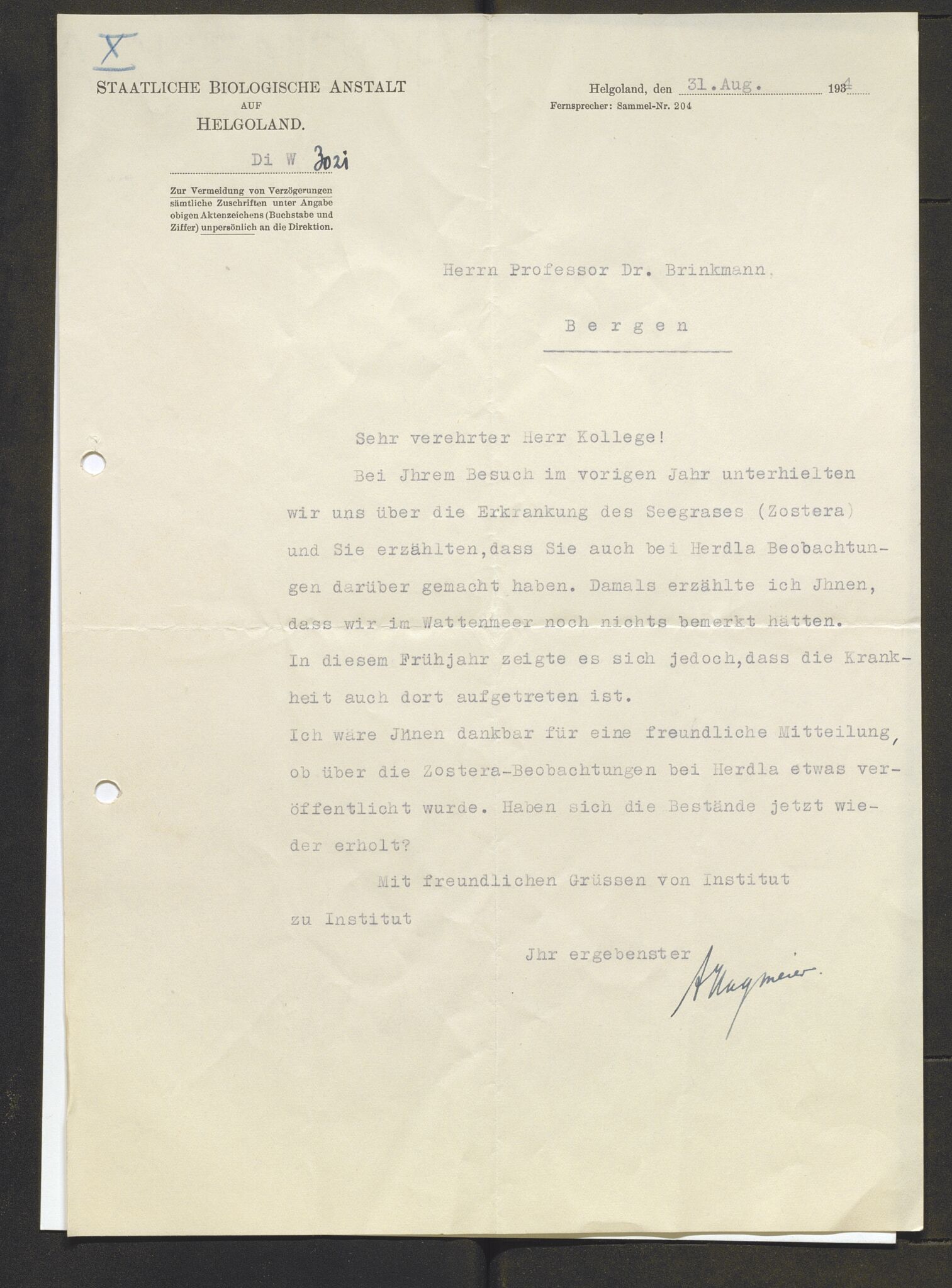Bergens Museum, AV/SAB-A-17301/13/D/L0002: Korrespondanse , 1928-1940, s. 505
