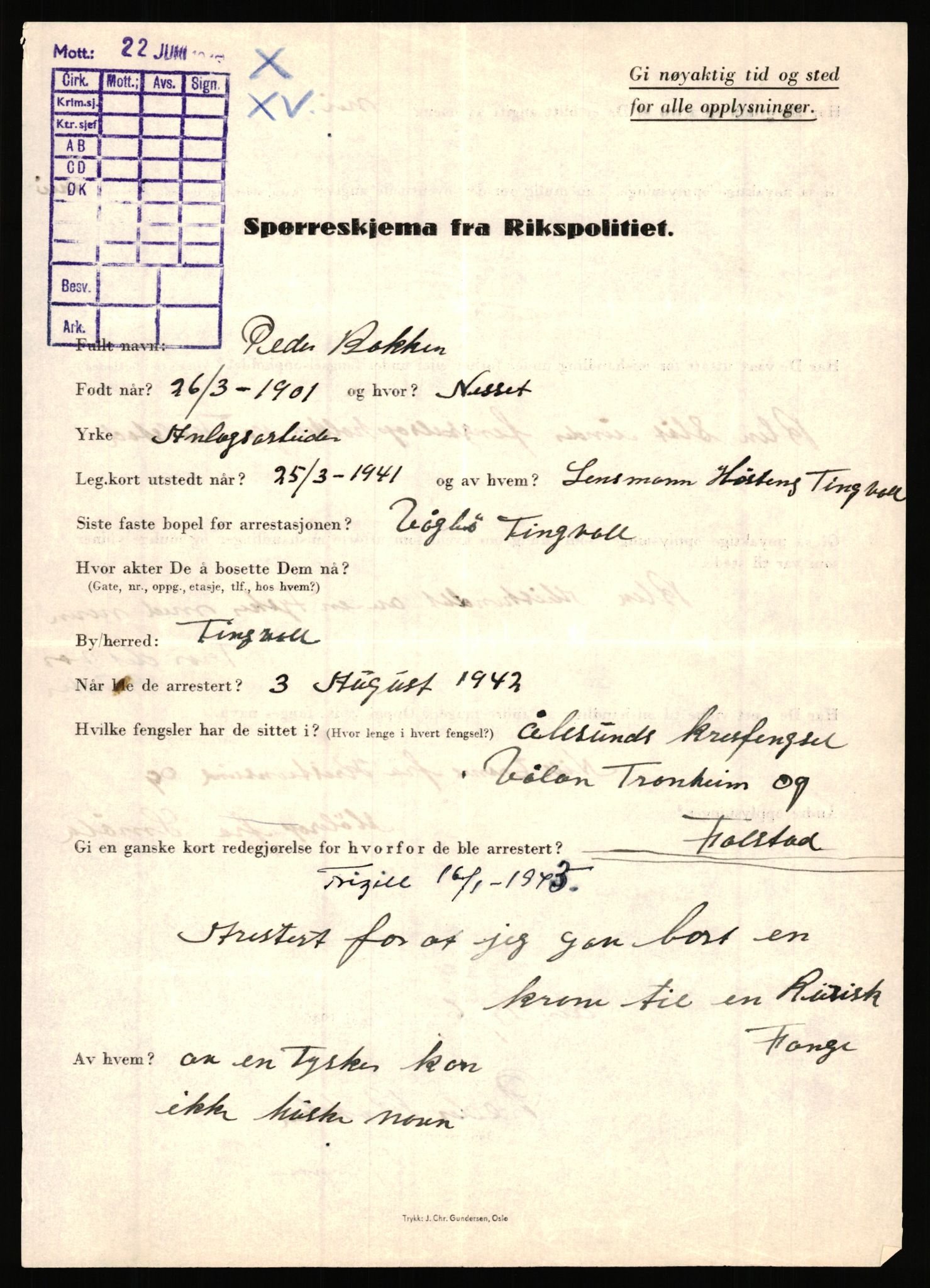 Rikspolitisjefen, AV/RA-S-1560/L/L0002: Berg, Alf - Bråthen, Thorleif, 1940-1945, s. 703