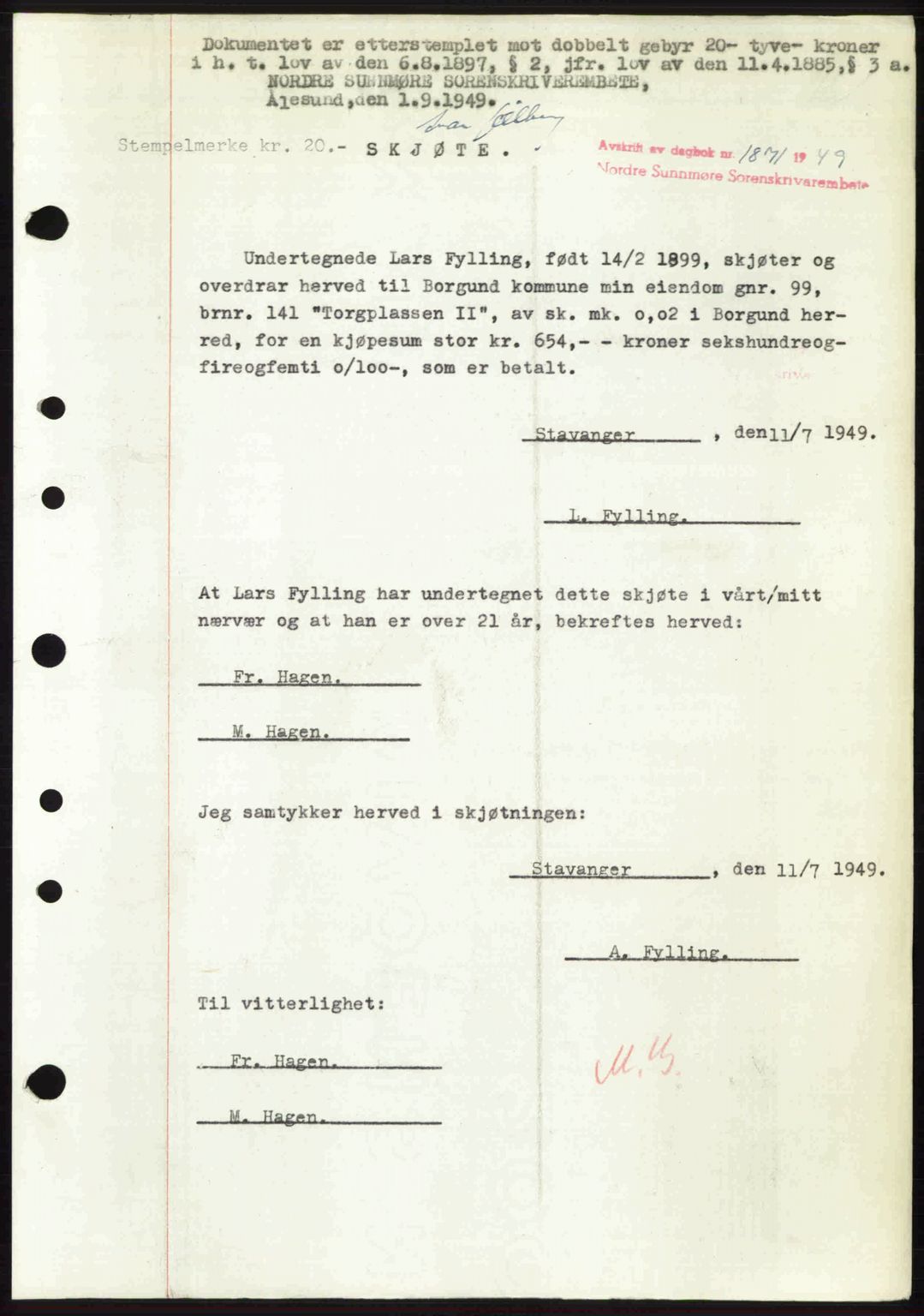 Nordre Sunnmøre sorenskriveri, SAT/A-0006/1/2/2C/2Ca: Pantebok nr. A32, 1949-1949, Dagboknr: 1871/1949