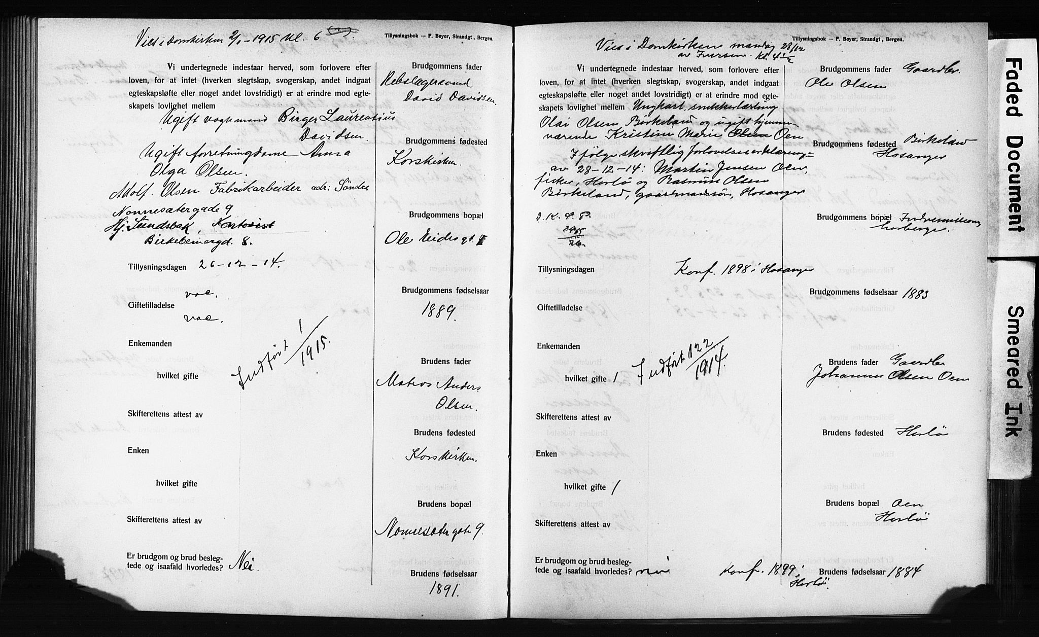 Domkirken sokneprestembete, SAB/A-74801: Forlovererklæringer nr. II.5.12, 1910-1917, s. 256