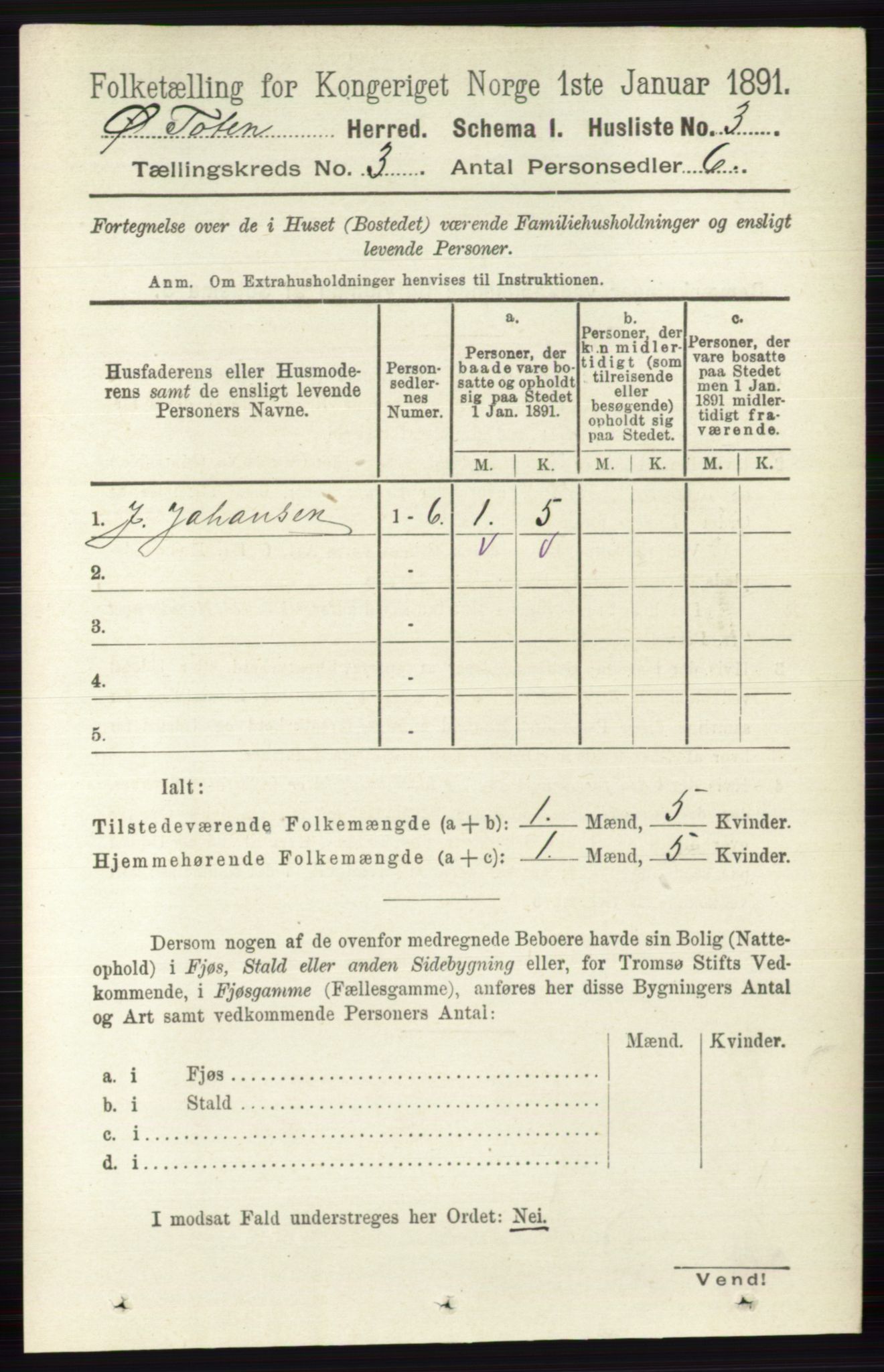 RA, Folketelling 1891 for 0528 Østre Toten herred, 1891, s. 1433