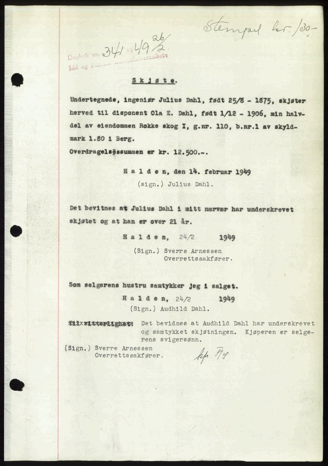 Idd og Marker sorenskriveri, SAO/A-10283/G/Gb/Gbb/L0011: Pantebok nr. A11, 1948-1949, Dagboknr: 341/1949