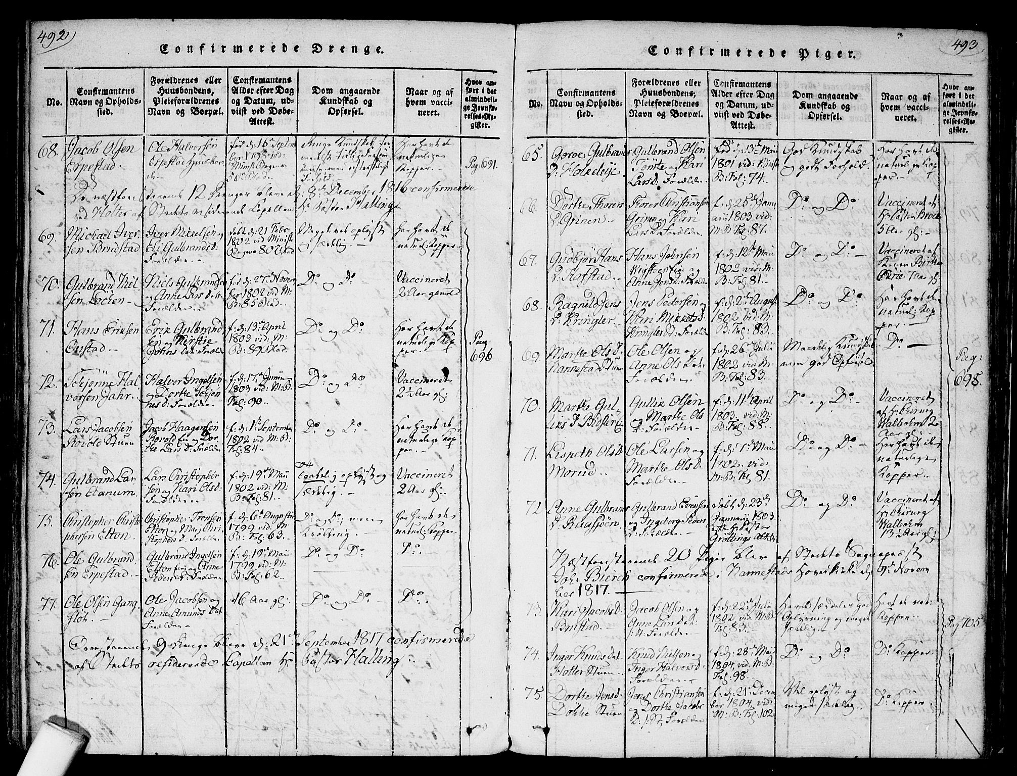 Nannestad prestekontor Kirkebøker, SAO/A-10414a/F/Fa/L0009: Ministerialbok nr. I 9, 1815-1840, s. 492-493