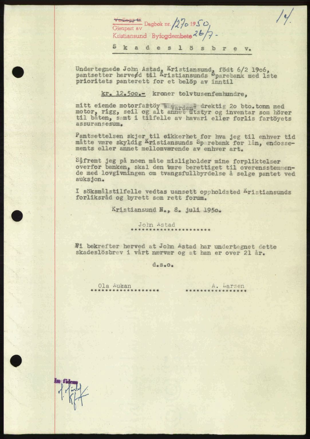 Kristiansund byfogd, AV/SAT-A-4587/A/27: Pantebok nr. 50, 1950-1950, Dagboknr: 1270/1950
