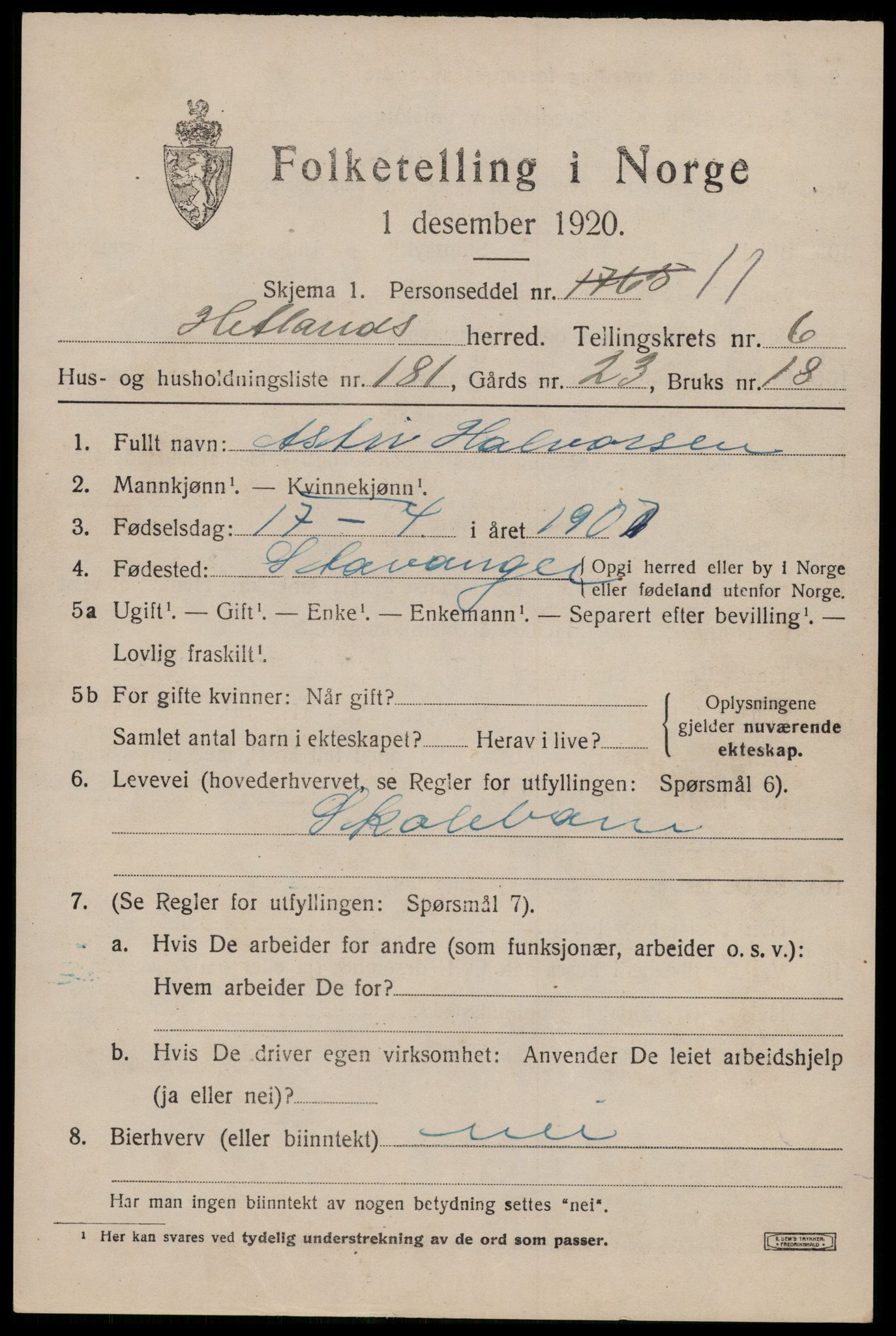 SAST, Folketelling 1920 for 1126 Hetland herred, 1920, s. 12993