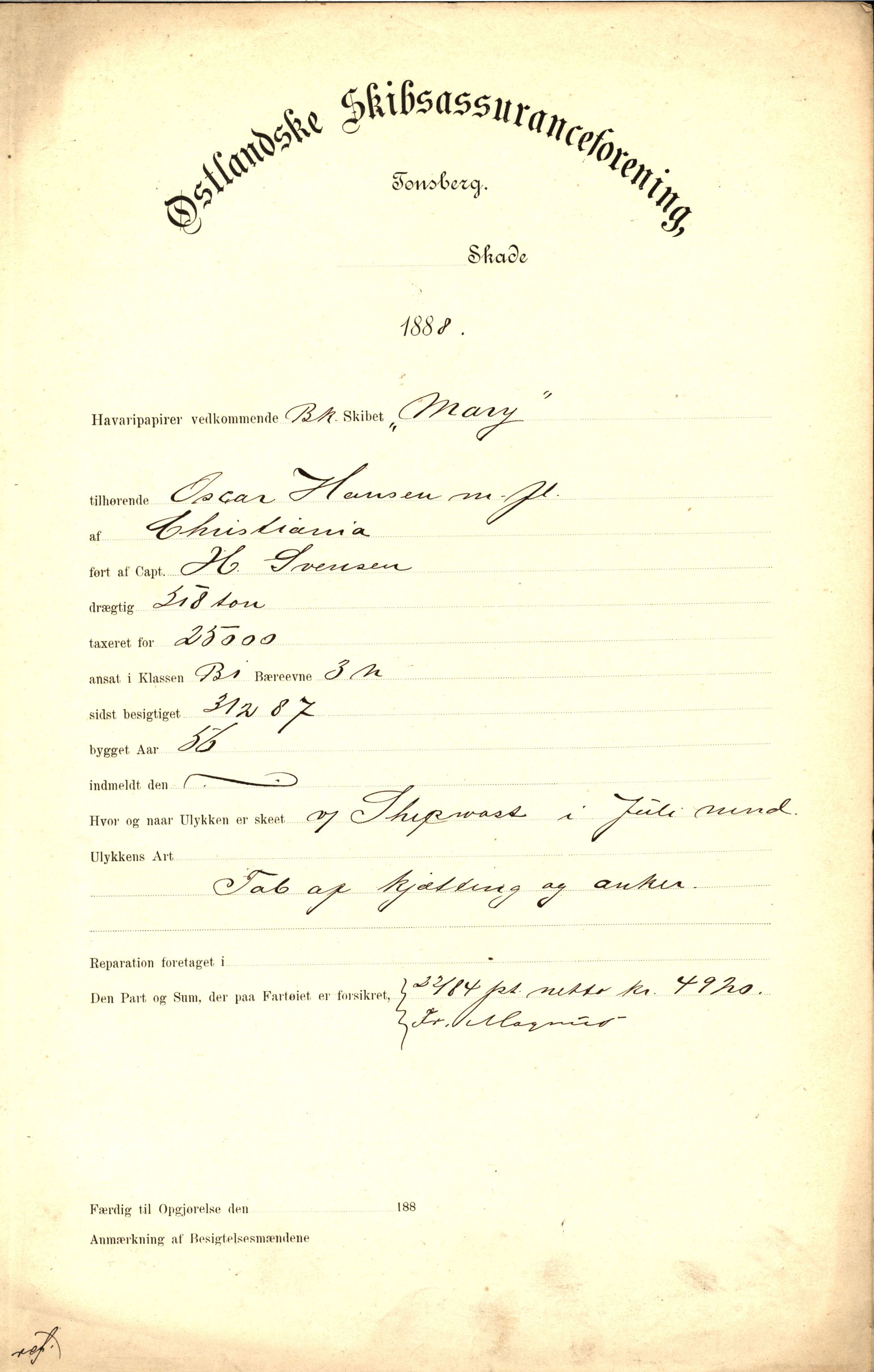 Pa 63 - Østlandske skibsassuranceforening, VEMU/A-1079/G/Ga/L0022/0008: Havaridokumenter / Magna av Haugesund, Marie, Mars, Mary, Mizpa, 1888, s. 45
