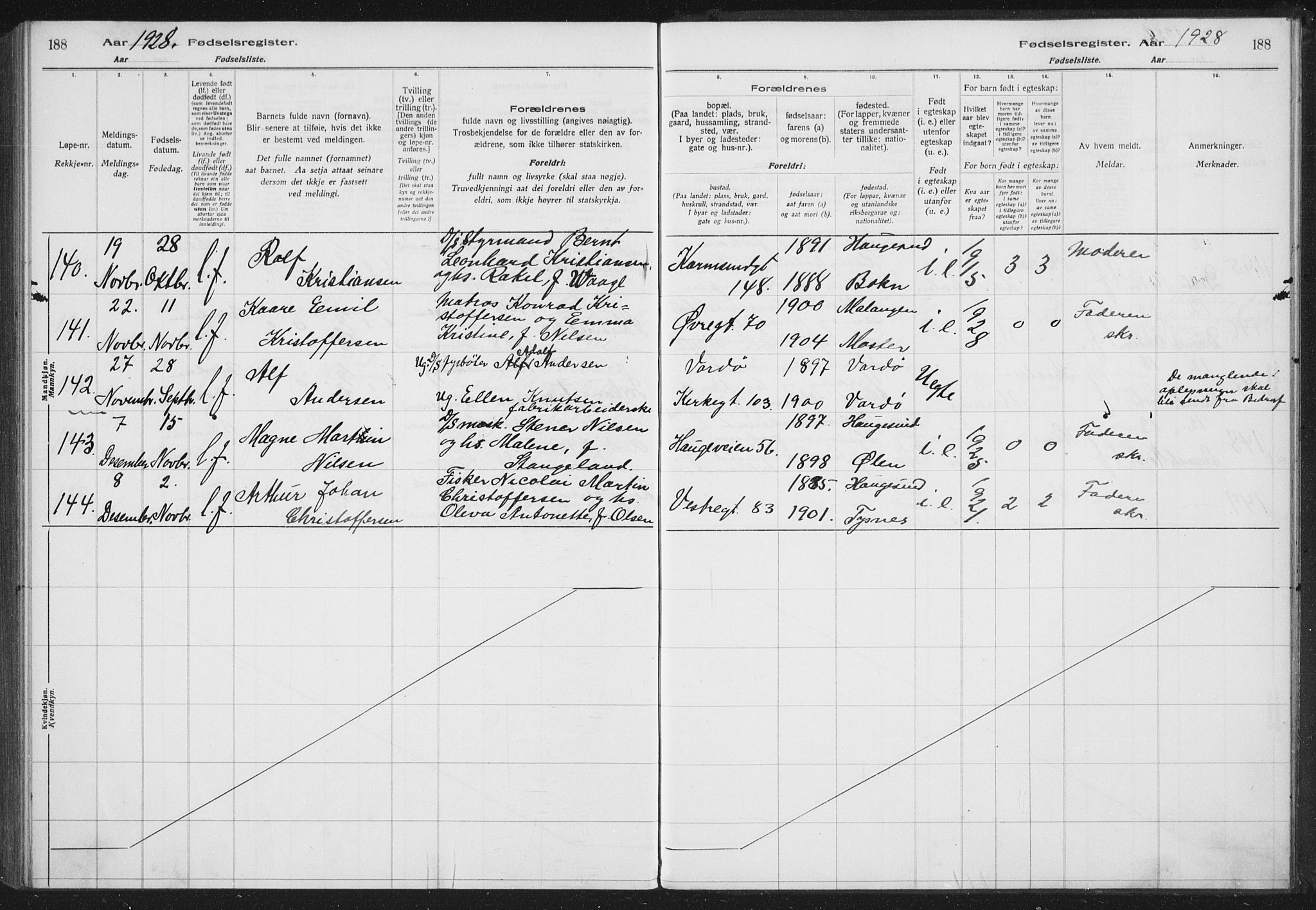 Haugesund sokneprestkontor, AV/SAST-A -101863/I/Id/L0005: Fødselsregister nr. 3, 1923-1929, s. 188