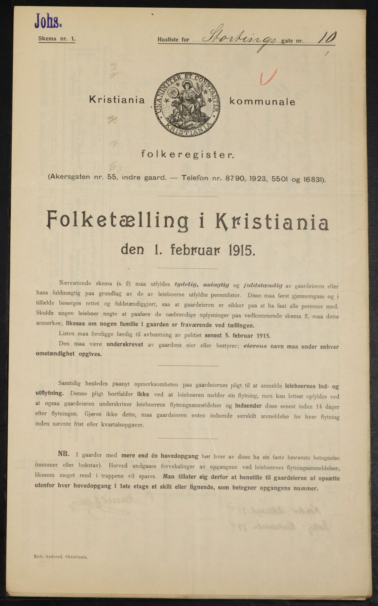 OBA, Kommunal folketelling 1.2.1915 for Kristiania, 1915, s. 103694
