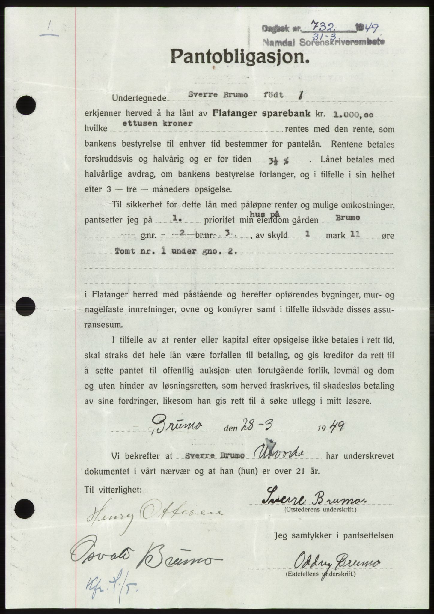 Namdal sorenskriveri, SAT/A-4133/1/2/2C: Pantebok nr. -, 1949-1949, Dagboknr: 732/1949