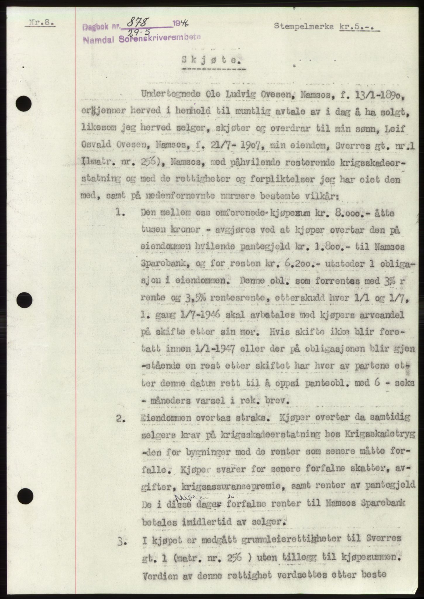 Namdal sorenskriveri, SAT/A-4133/1/2/2C: Pantebok nr. -, 1946-1946, Dagboknr: 878/1946