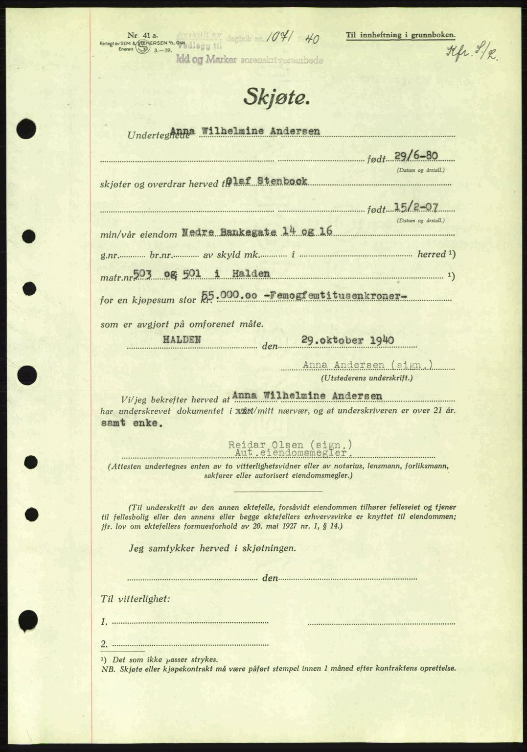 Idd og Marker sorenskriveri, AV/SAO-A-10283/G/Gb/Gbb/L0004: Pantebok nr. A4, 1940-1941, Dagboknr: 1071/1940