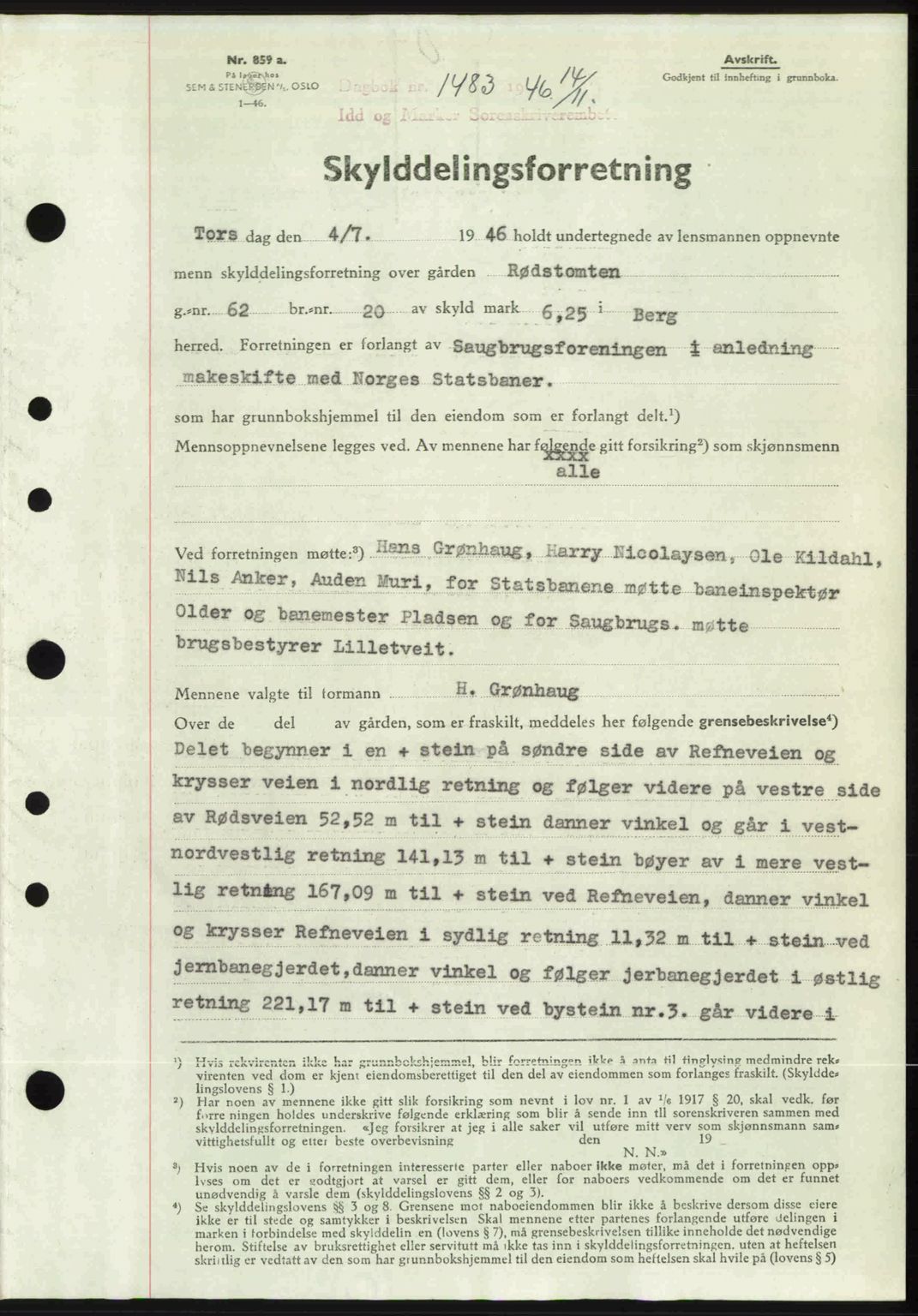 Idd og Marker sorenskriveri, SAO/A-10283/G/Gb/Gbb/L0008: Pantebok nr. A8, 1946-1946, Dagboknr: 1483/1946