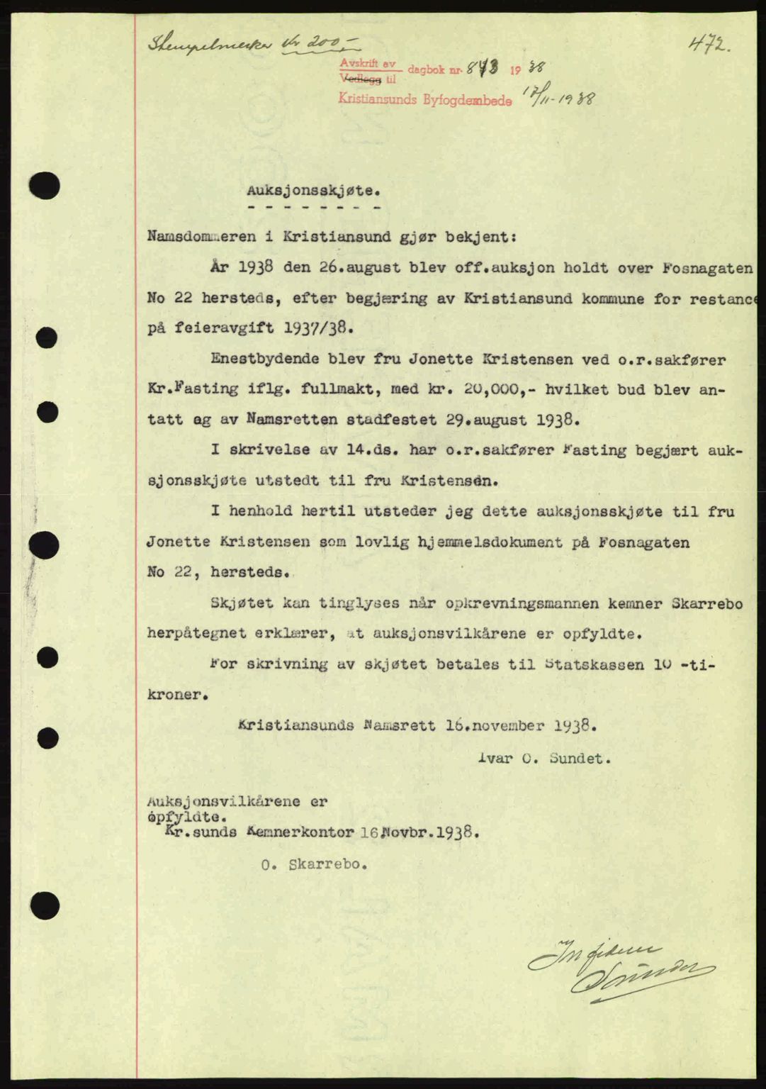 Kristiansund byfogd, AV/SAT-A-4587/A/27: Pantebok nr. 30, 1936-1941, Dagboknr: 843/1938