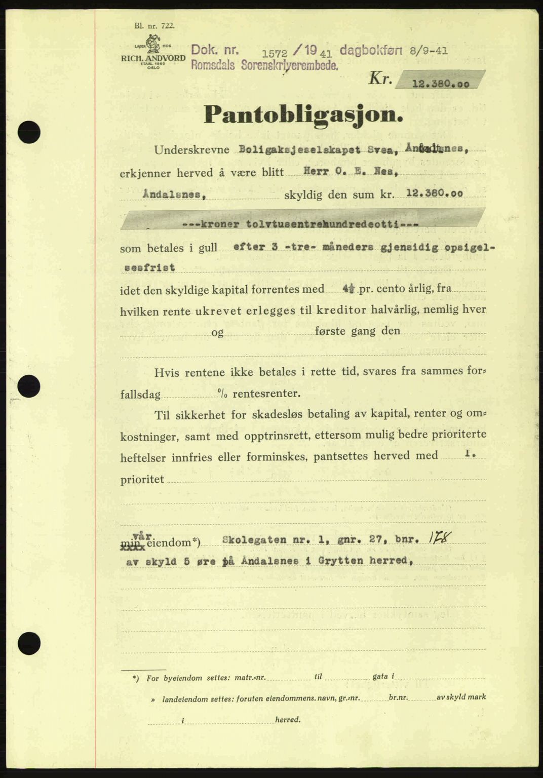 Romsdal sorenskriveri, SAT/A-4149/1/2/2C: Pantebok nr. B2, 1939-1945, Dagboknr: 1572/1941