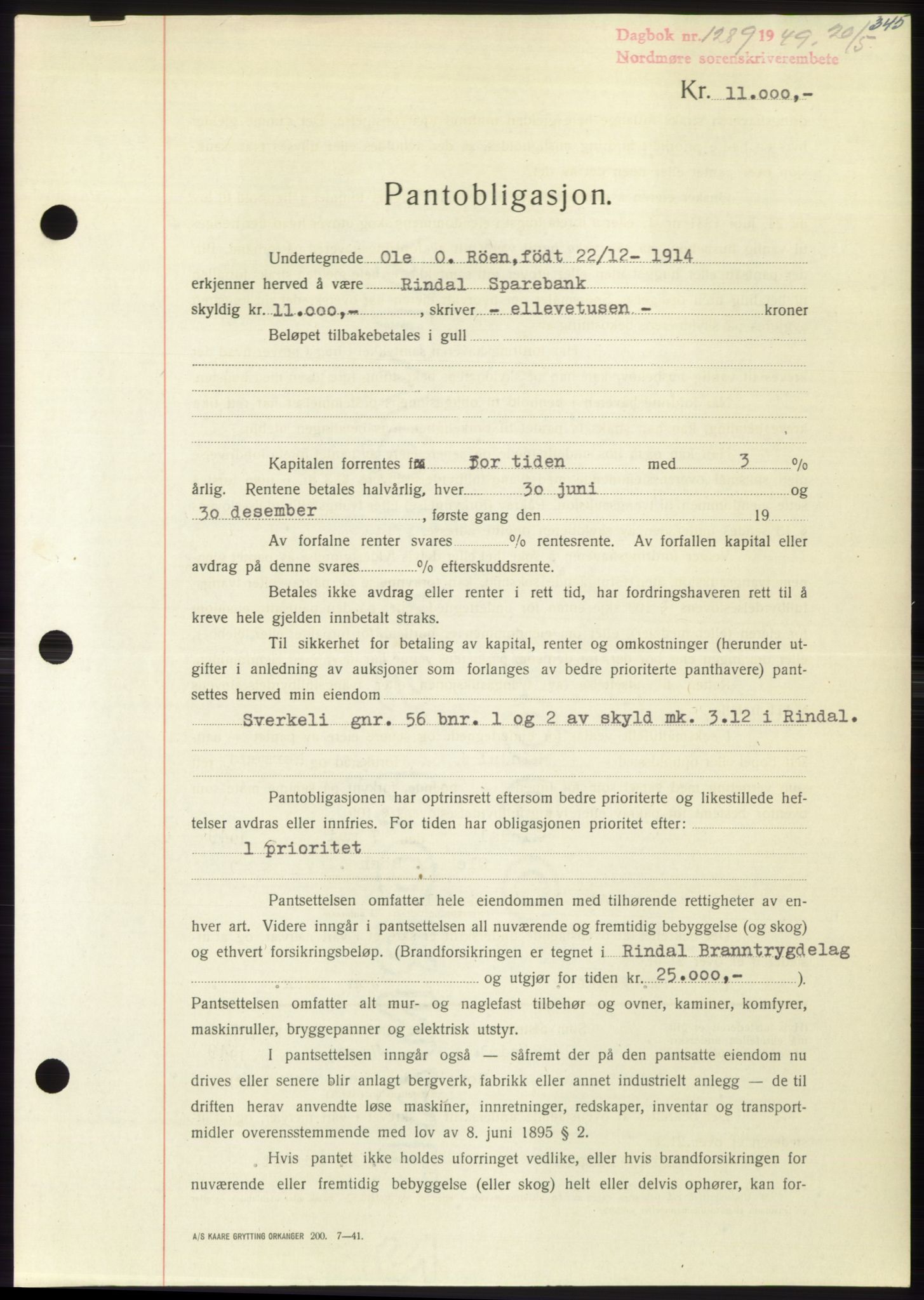 Nordmøre sorenskriveri, AV/SAT-A-4132/1/2/2Ca: Pantebok nr. B101, 1949-1949, Dagboknr: 1289/1949