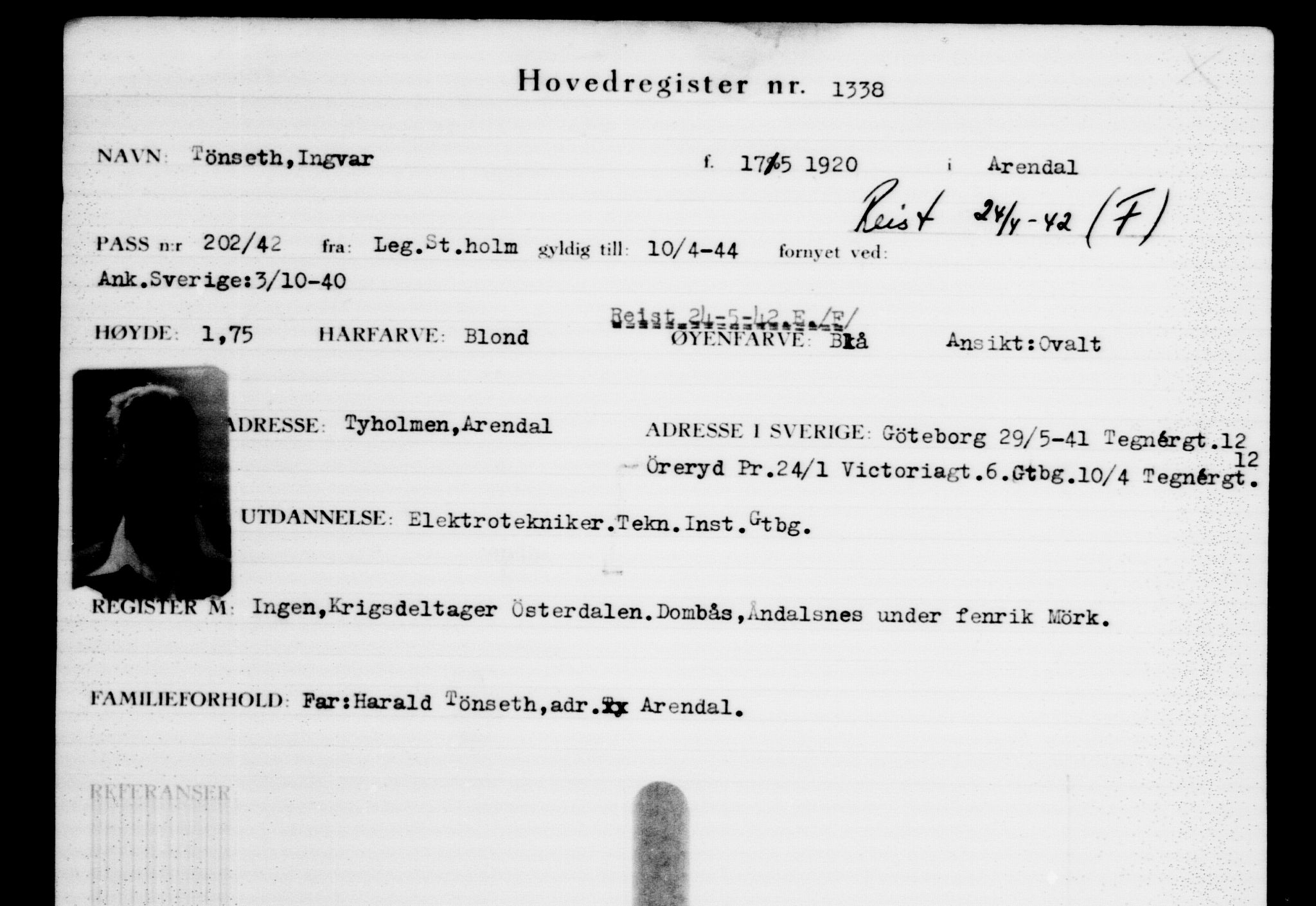 Utenriksstasjonene, Legasjonen i Stockholm, Flyktningkontoret, AV/RA-S-6753/V/Va/L0002: Kjesäterkartoteket, flyktninger med registreringsnr. 1001-2000, 1940-1945, s. 495