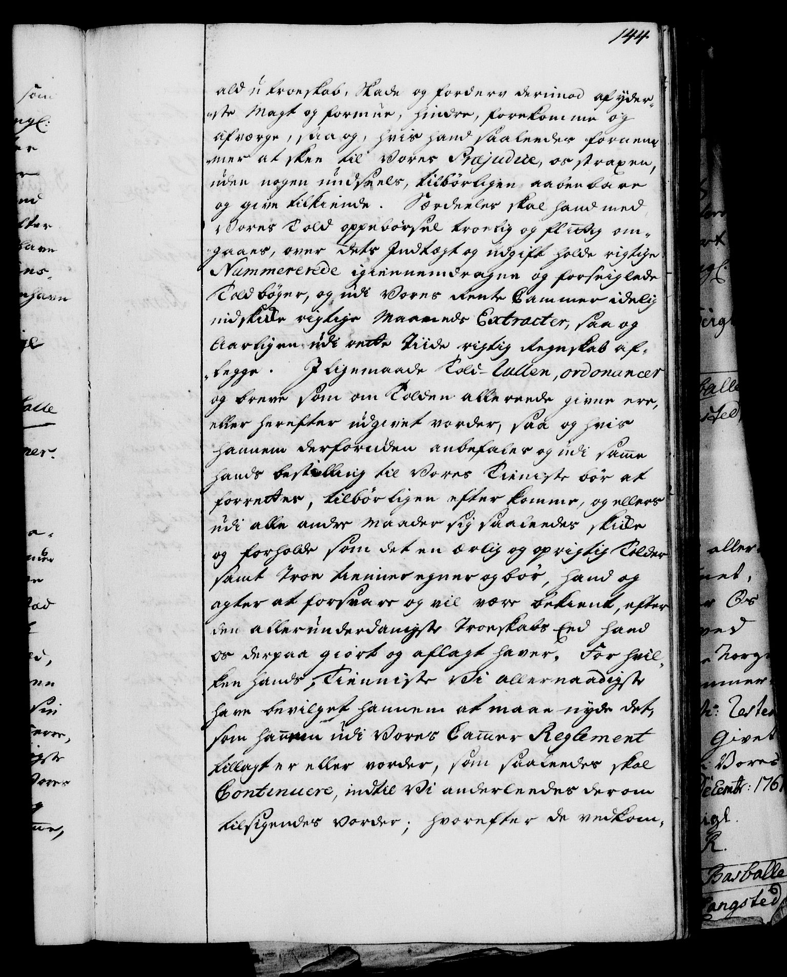 Rentekammeret, Kammerkanselliet, RA/EA-3111/G/Gg/Gge/L0003: Norsk bestallingsprotokoll med register (merket RK 53.27), 1745-1761, s. 144