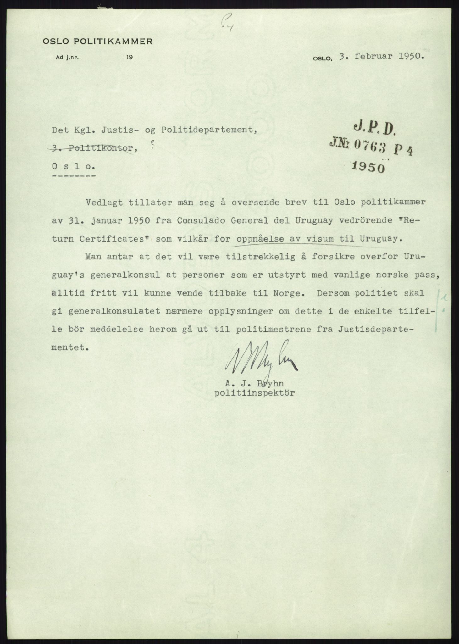 Justisdepartementet, 3. politikontor P3, RA/S-1051/D/L0039: Passforskrifter - Passinstruksen, 1947-1952, s. 779