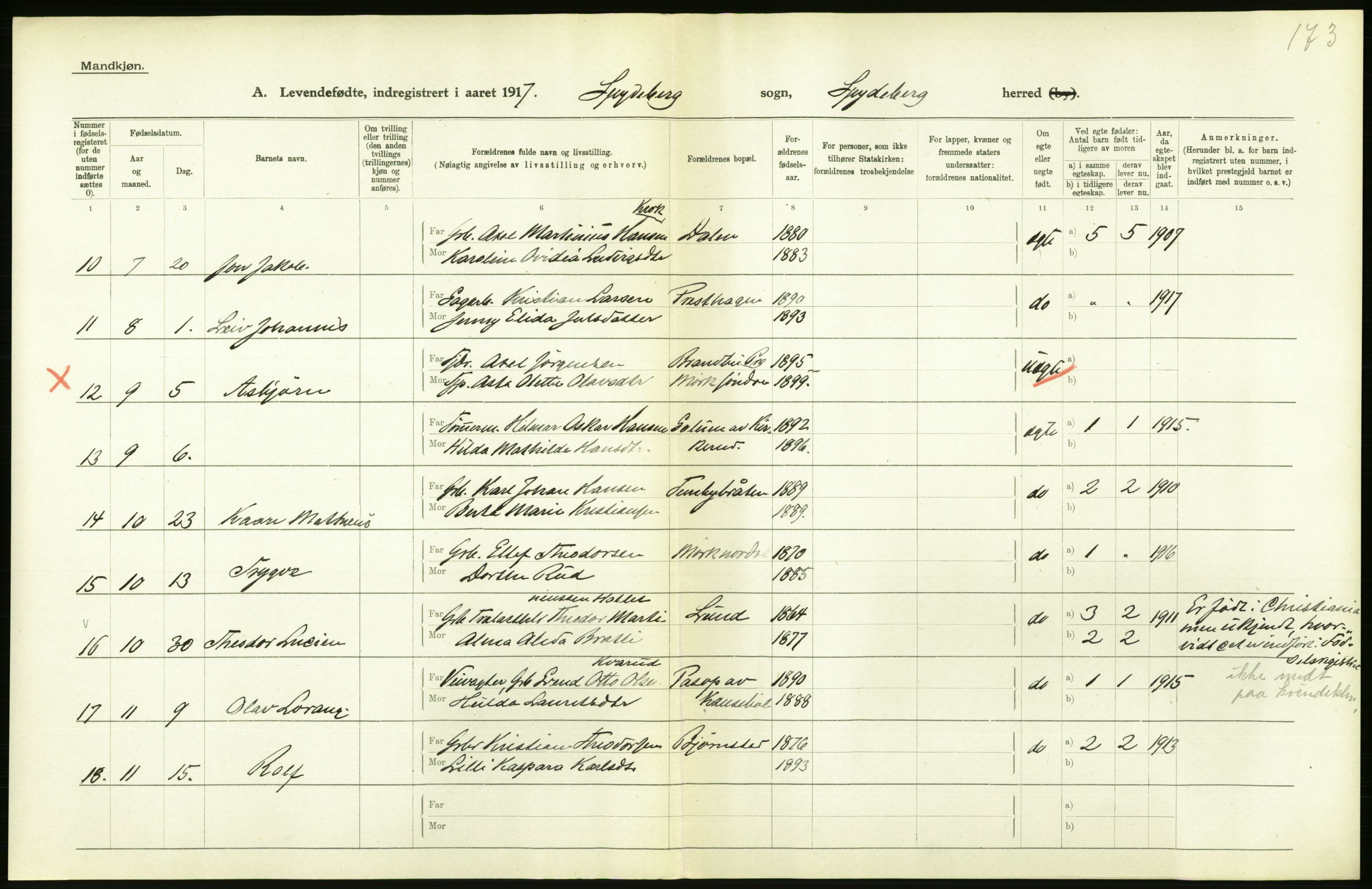 Statistisk sentralbyrå, Sosiodemografiske emner, Befolkning, AV/RA-S-2228/D/Df/Dfb/Dfbg/L0001: Smålenenes amt: Levendefødte menn og kvinner. Bygder., 1917, s. 50