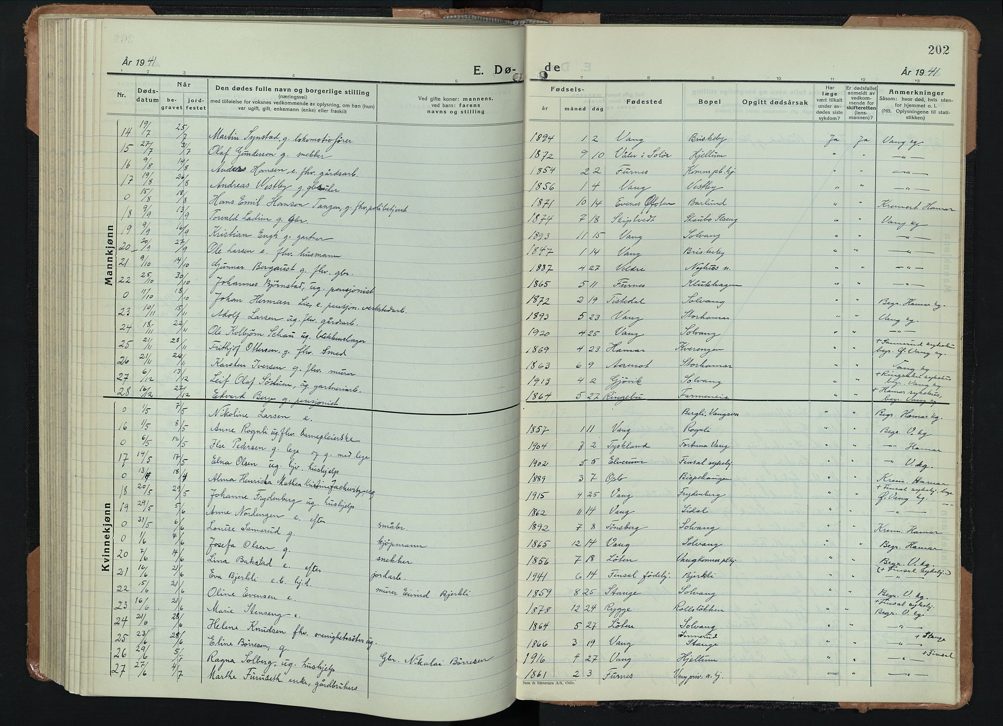 Vang prestekontor, Hedmark, SAH/PREST-008/H/Ha/Hab/L0016: Klokkerbok nr. 16, 1933-1945, s. 202