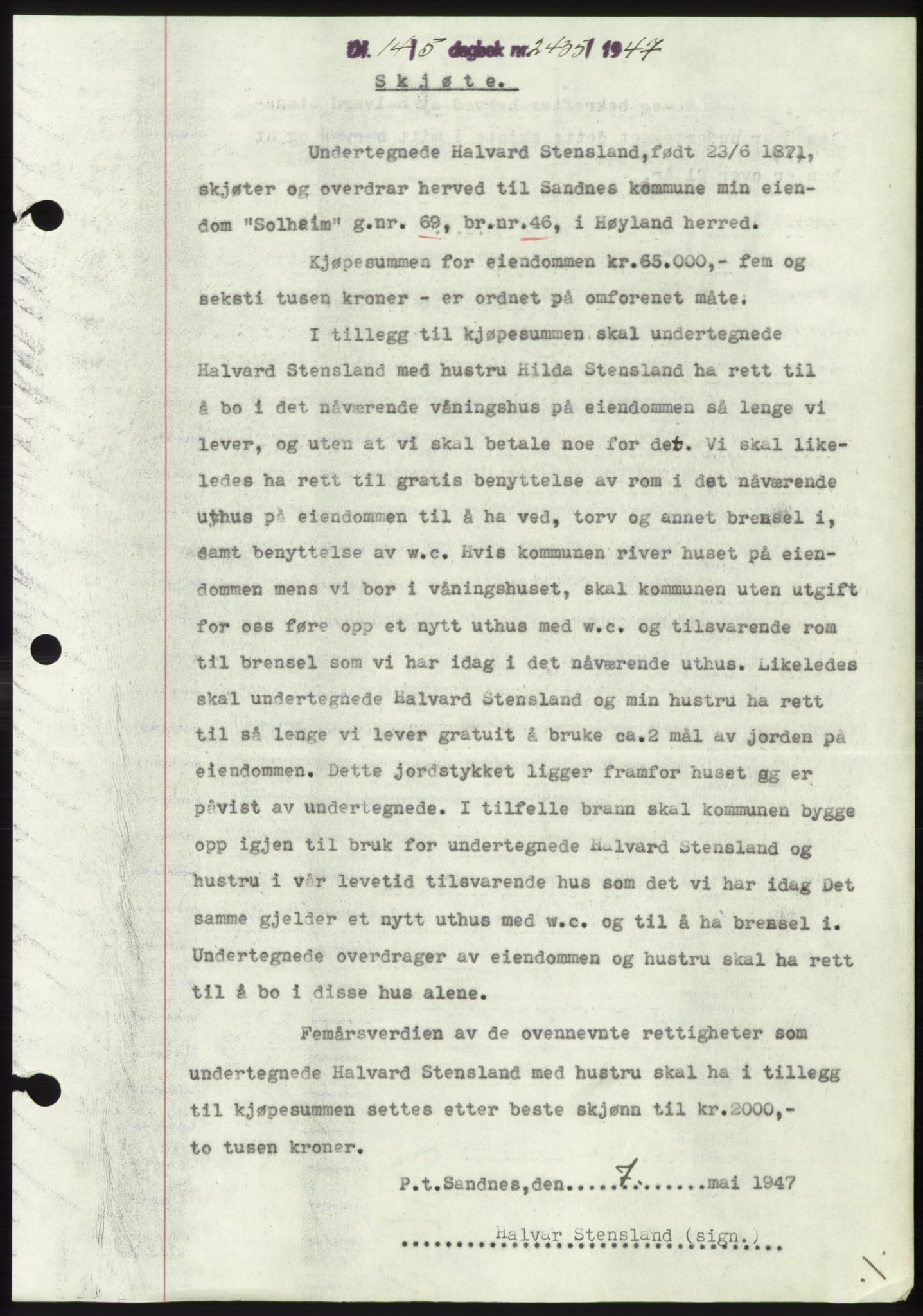 Jæren sorenskriveri, SAST/A-100310/03/G/Gba/L0094: Pantebok, 1947-1947, Dagboknr: 2435/1947