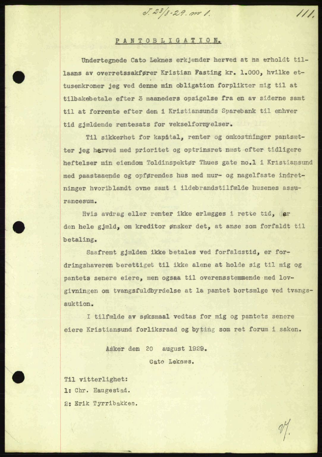 Kristiansund byfogd, AV/SAT-A-4587/A/27: Pantebok nr. 23, 1929-1930, Tingl.dato: 23.08.1929