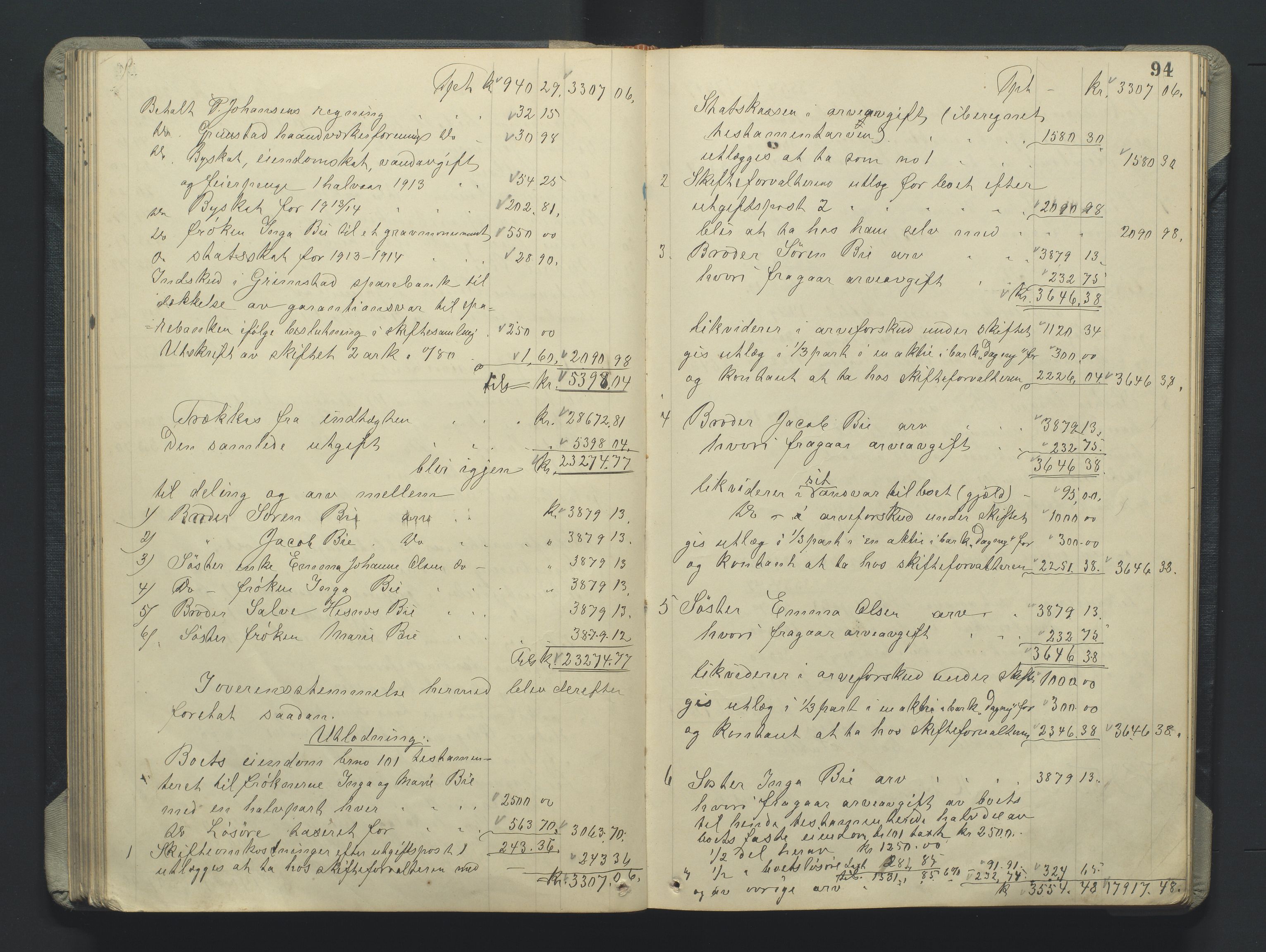 Grimstad byfogd, AV/SAK-1222-0003/H/Hc/L0009: Skifteprotokoll nr. 9, 1908-1918, s. 94