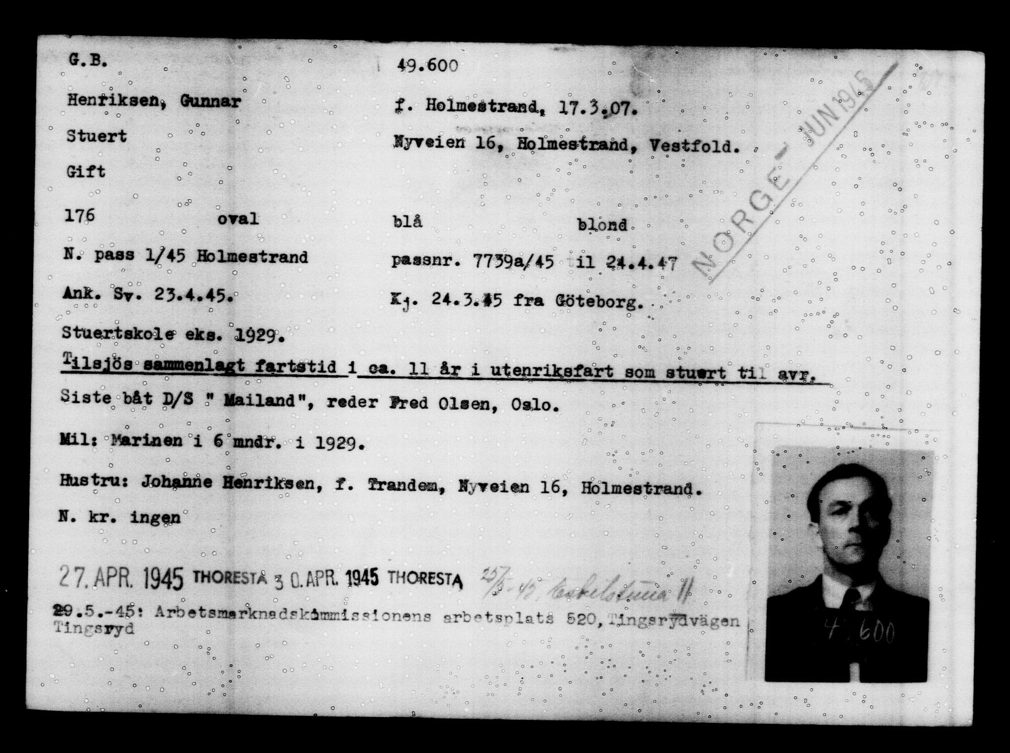 Den Kgl. Norske Legasjons Flyktningskontor, AV/RA-S-6753/V/Va/L0019: Kjesäterkartoteket.  Flyktningenr. 49600-55060, 1940-1945, s. 2