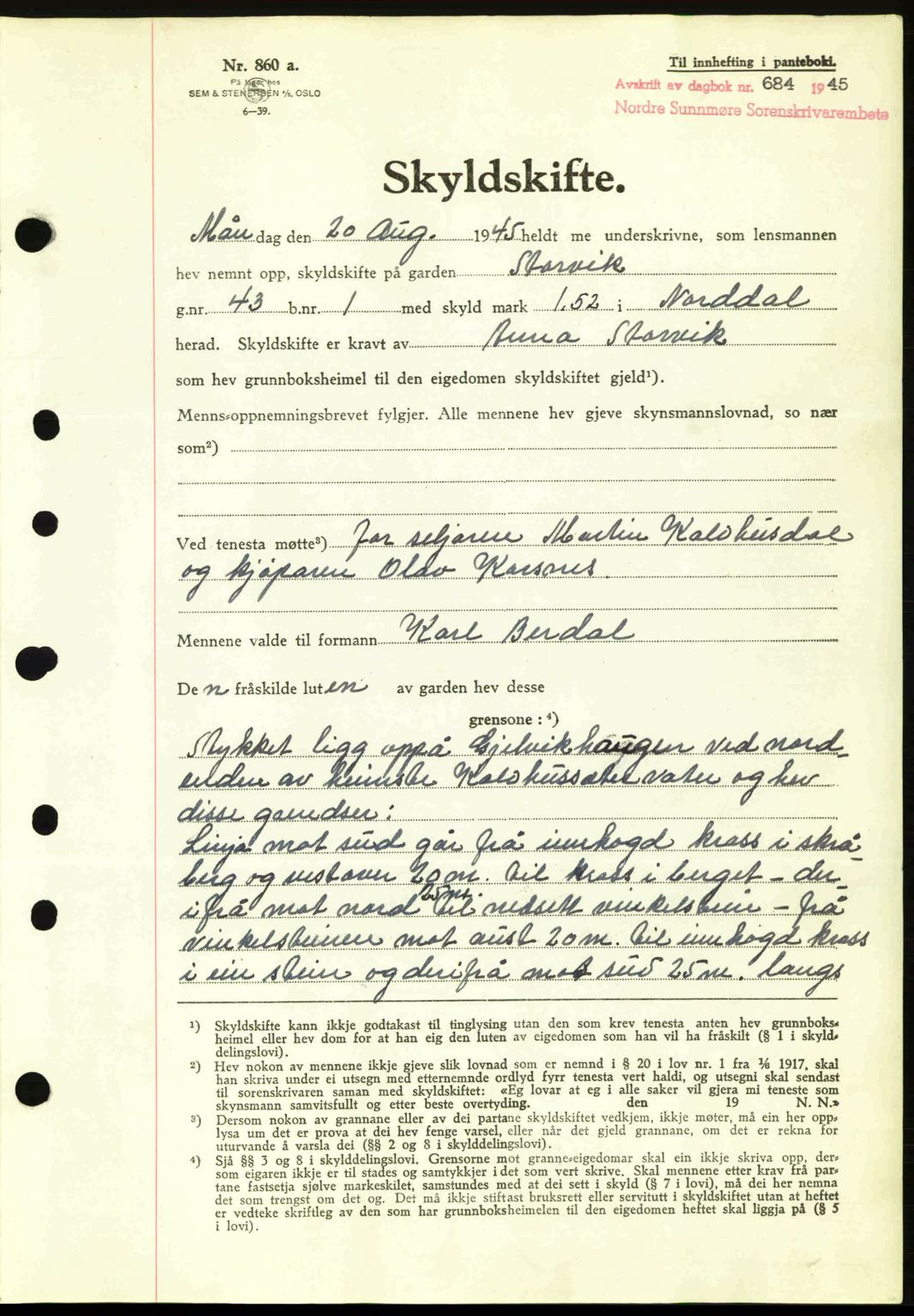 Nordre Sunnmøre sorenskriveri, SAT/A-0006/1/2/2C/2Ca: Pantebok nr. A20a, 1945-1945, Dagboknr: 684/1945