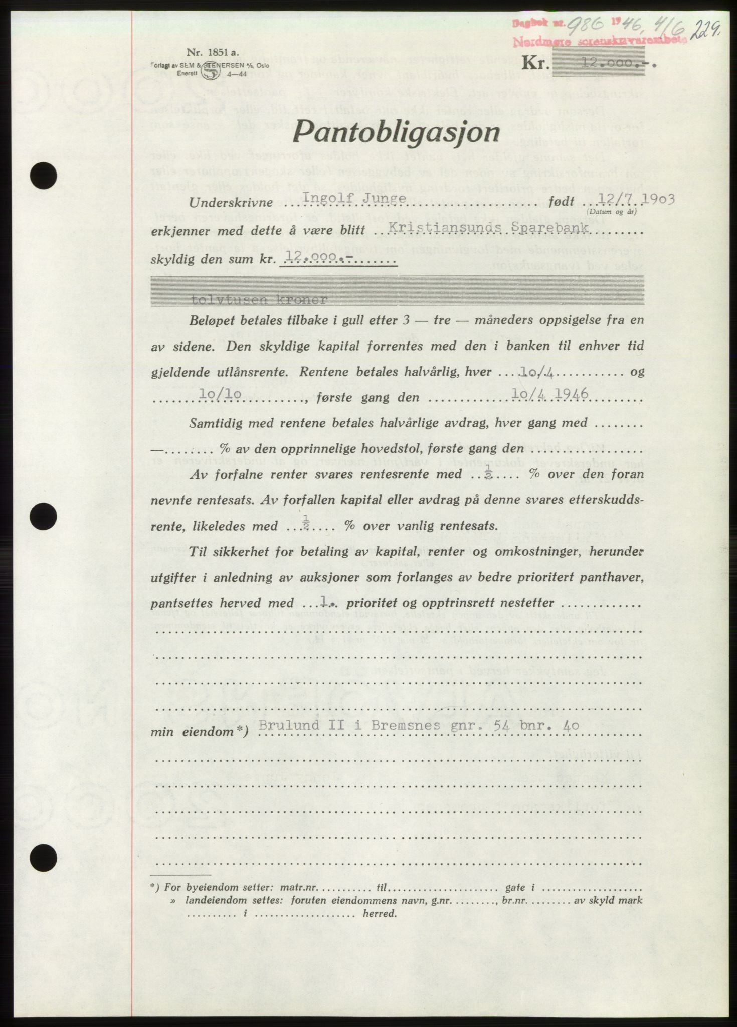 Nordmøre sorenskriveri, AV/SAT-A-4132/1/2/2Ca: Pantebok nr. B94, 1946-1946, Dagboknr: 986/1946
