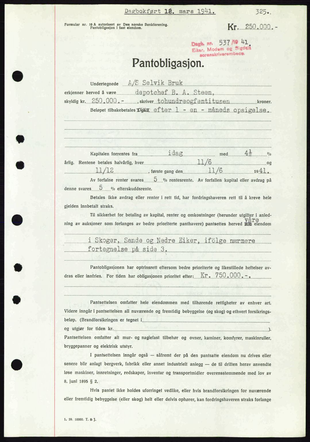 Eiker, Modum og Sigdal sorenskriveri, SAKO/A-123/G/Ga/Gab/L0043: Pantebok nr. A13, 1940-1941, Dagboknr: 537/1941