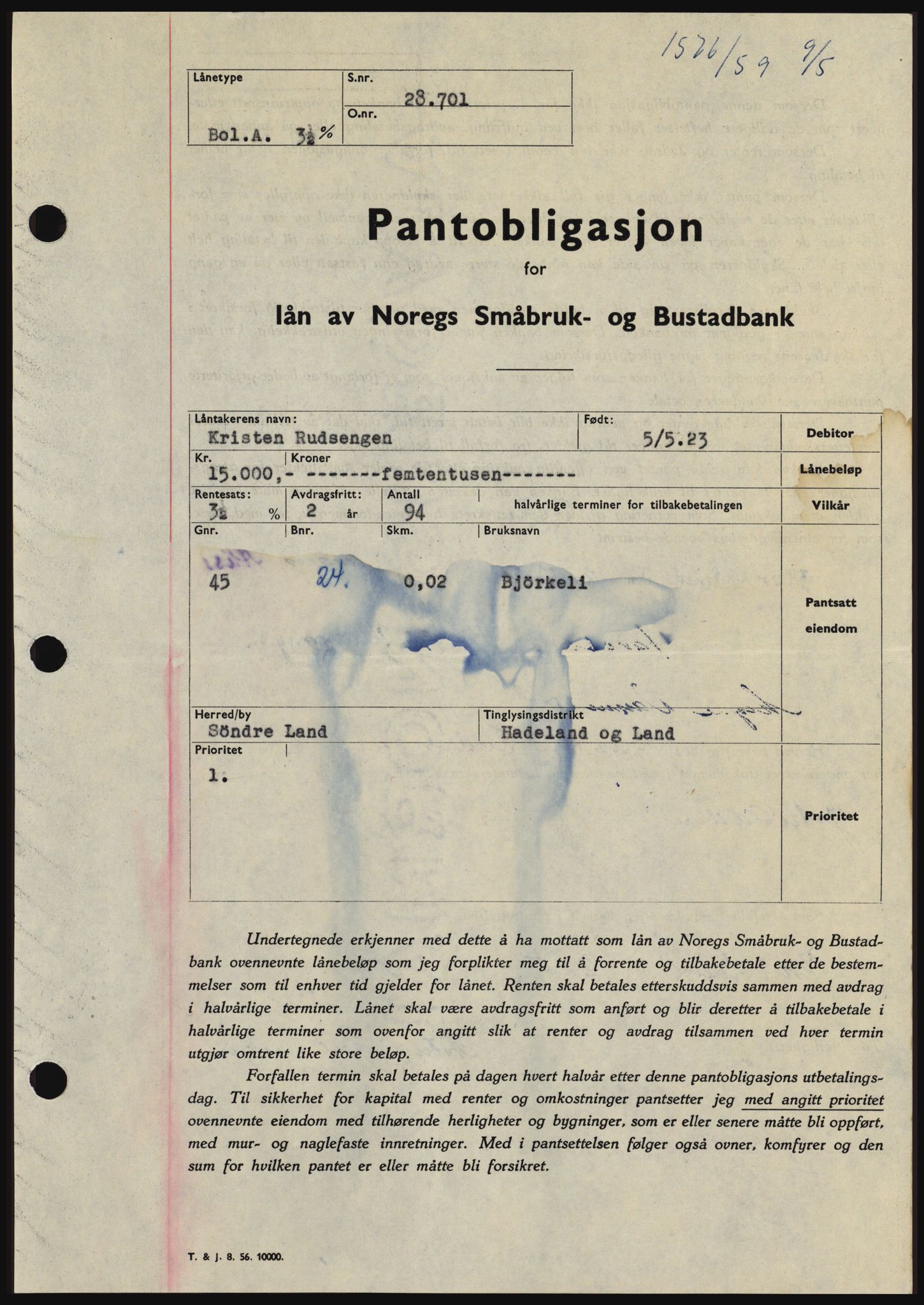 Hadeland og Land tingrett, SAH/TING-010/H/Hb/Hbc/L0040: Pantebok nr. B40, 1959-1959, Dagboknr: 1576/1959