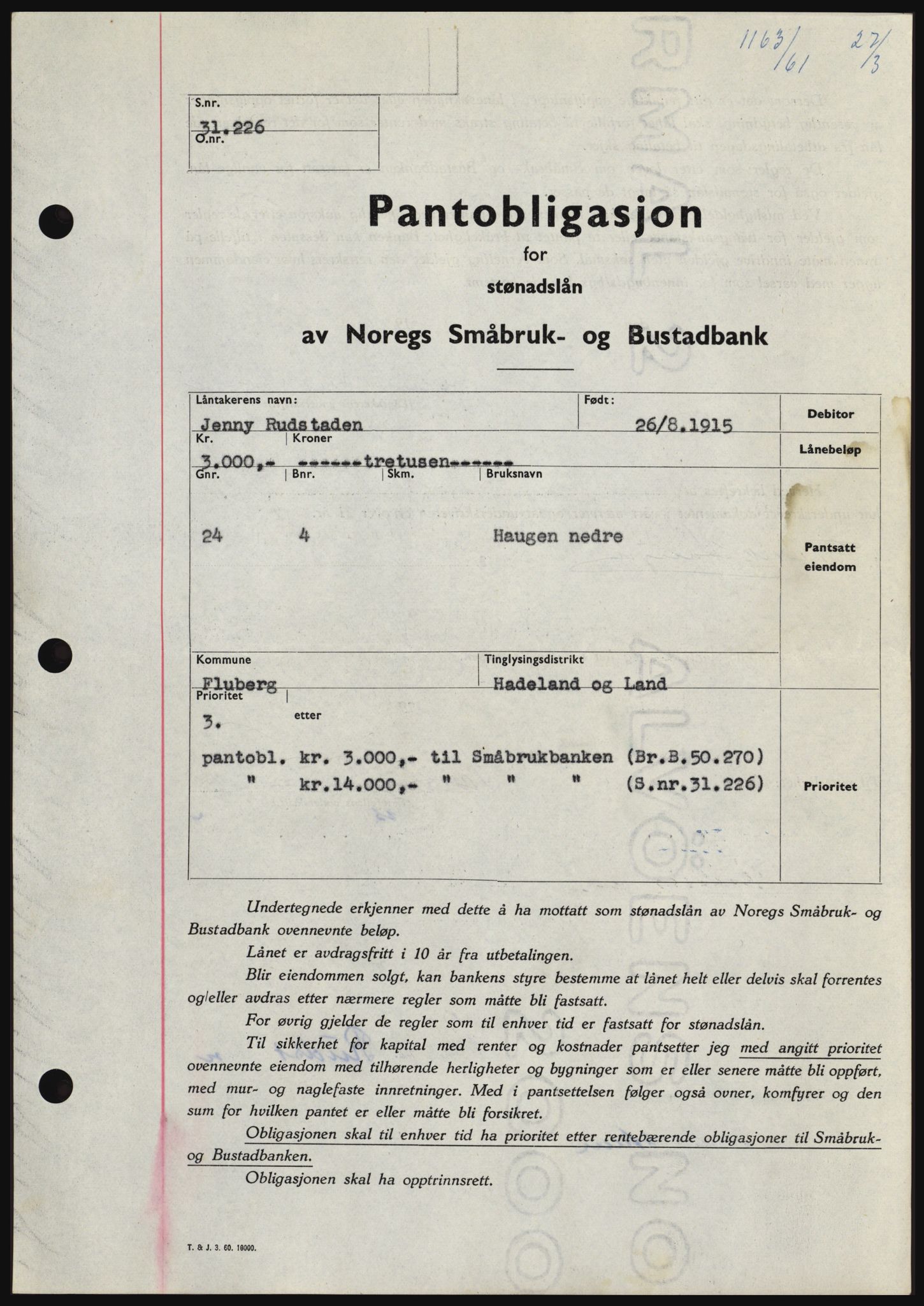 Hadeland og Land tingrett, SAH/TING-010/H/Hb/Hbc/L0045: Pantebok nr. B45, 1961-1961, Dagboknr: 1163/1961