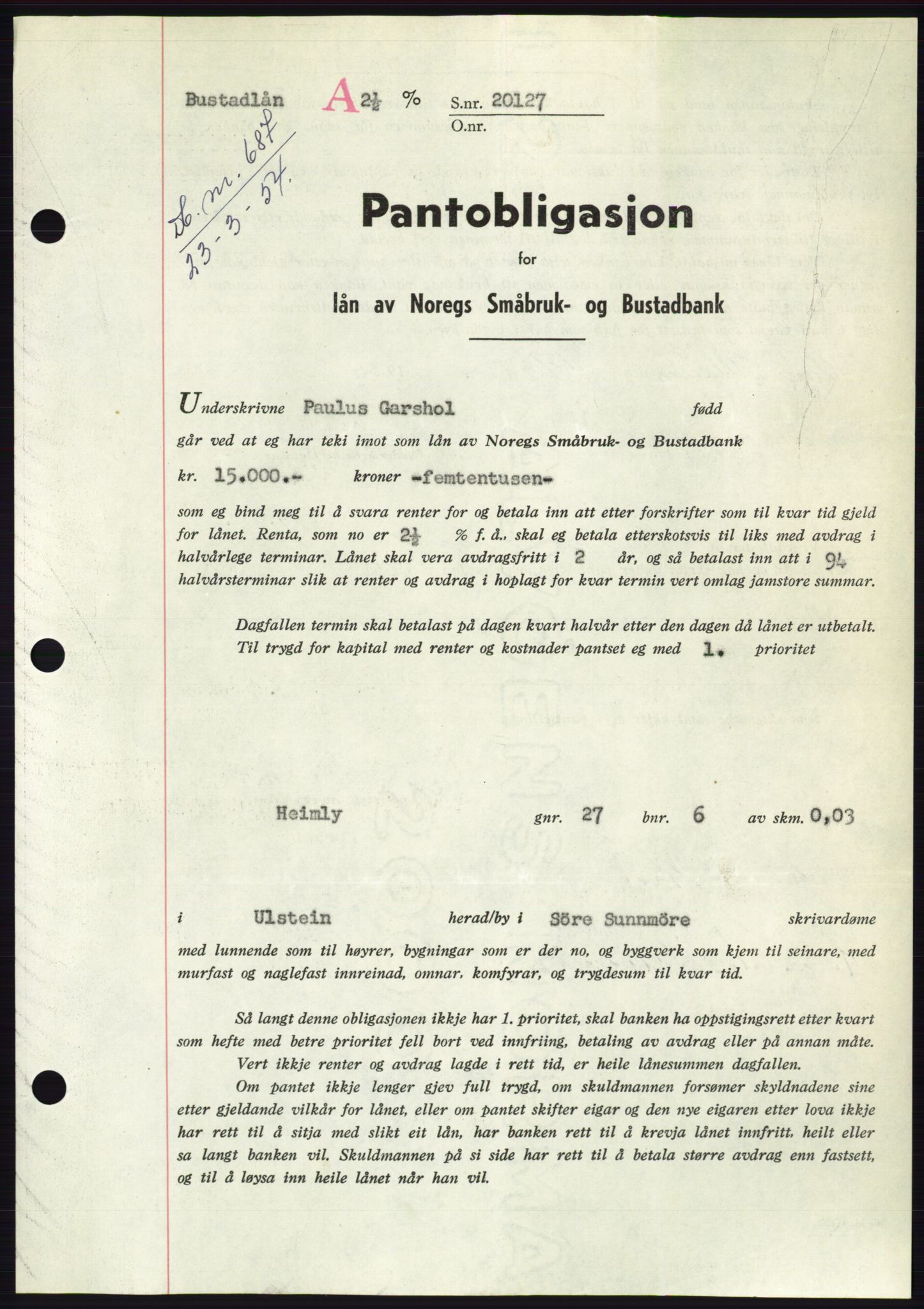 Søre Sunnmøre sorenskriveri, SAT/A-4122/1/2/2C/L0124: Pantebok nr. 12B, 1953-1954, Dagboknr: 687/1954