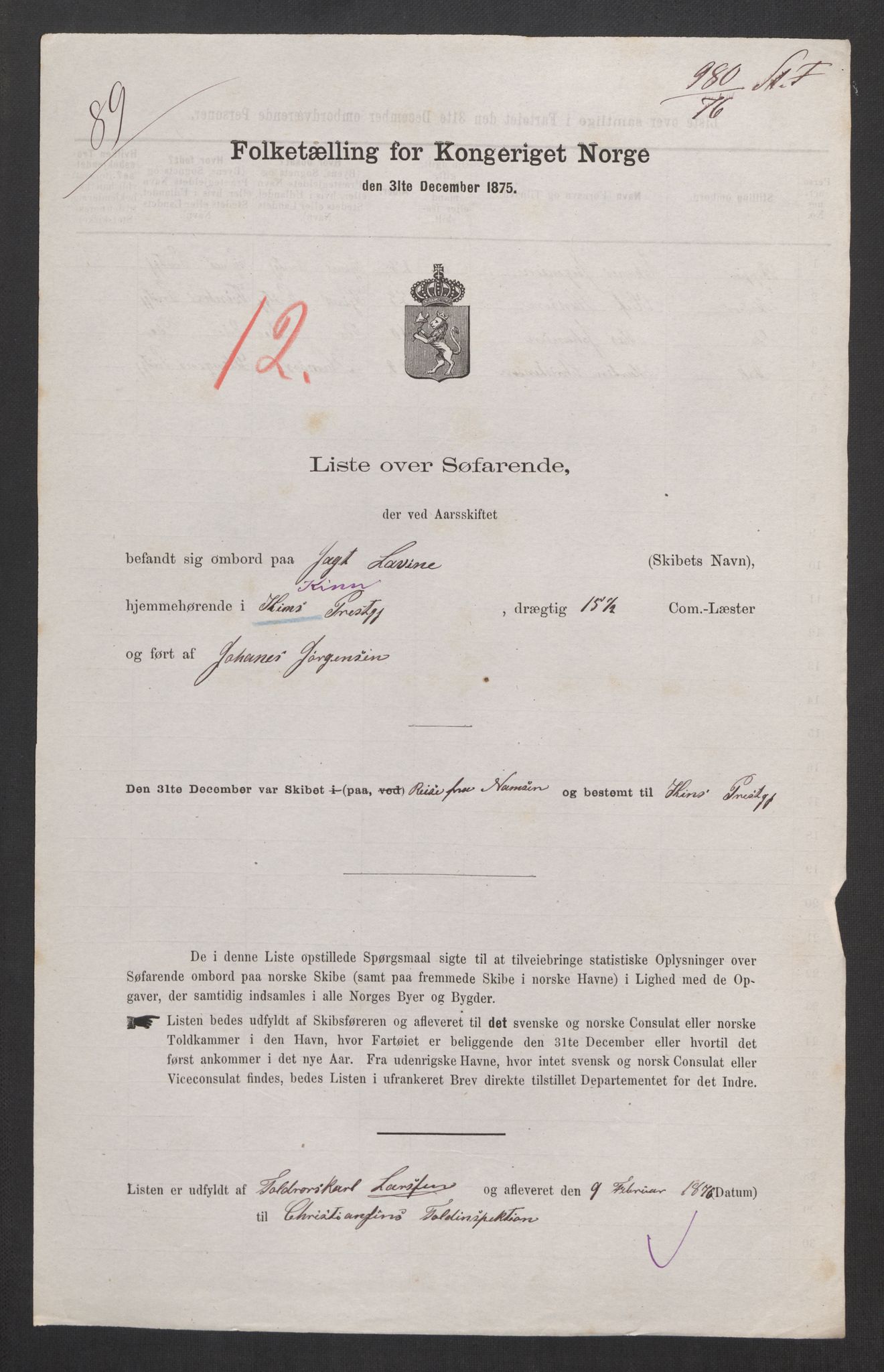 RA, Folketelling 1875, skipslister: Skip i innenrikske havner, hjemmehørende i 1) landdistrikter, 2) forskjellige steder, 3) utlandet, 1875, s. 298