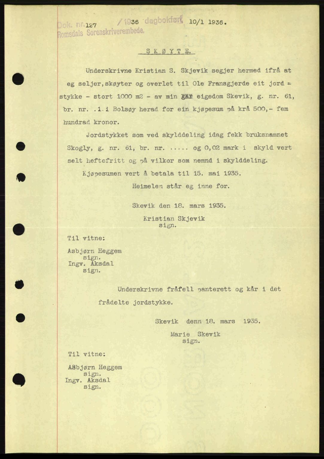 Romsdal sorenskriveri, SAT/A-4149/1/2/2C: Pantebok nr. A1, 1936-1936, Dagboknr: 127/1936