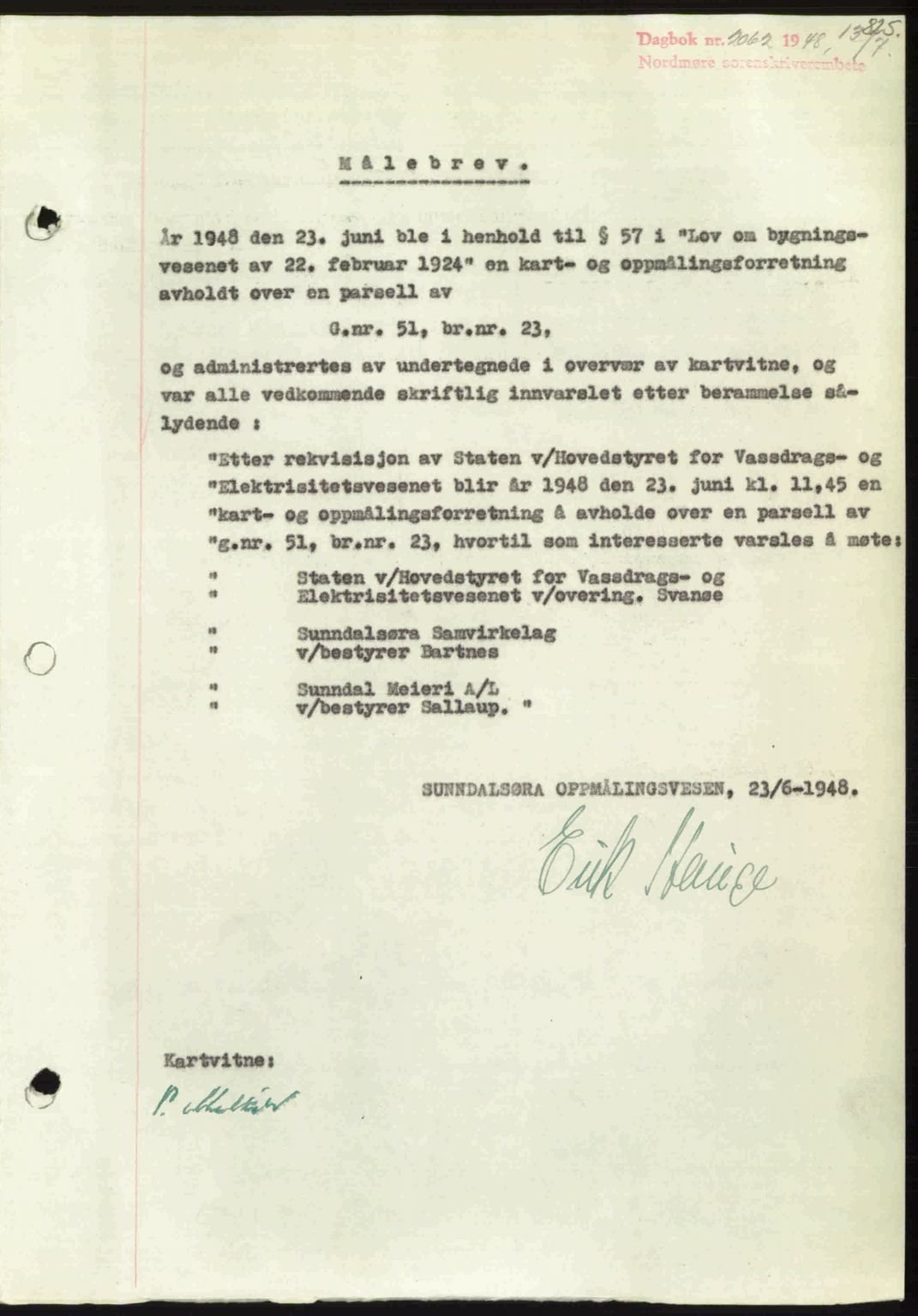 Nordmøre sorenskriveri, SAT/A-4132/1/2/2Ca: Pantebok nr. A108, 1948-1948, Dagboknr: 2062/1948